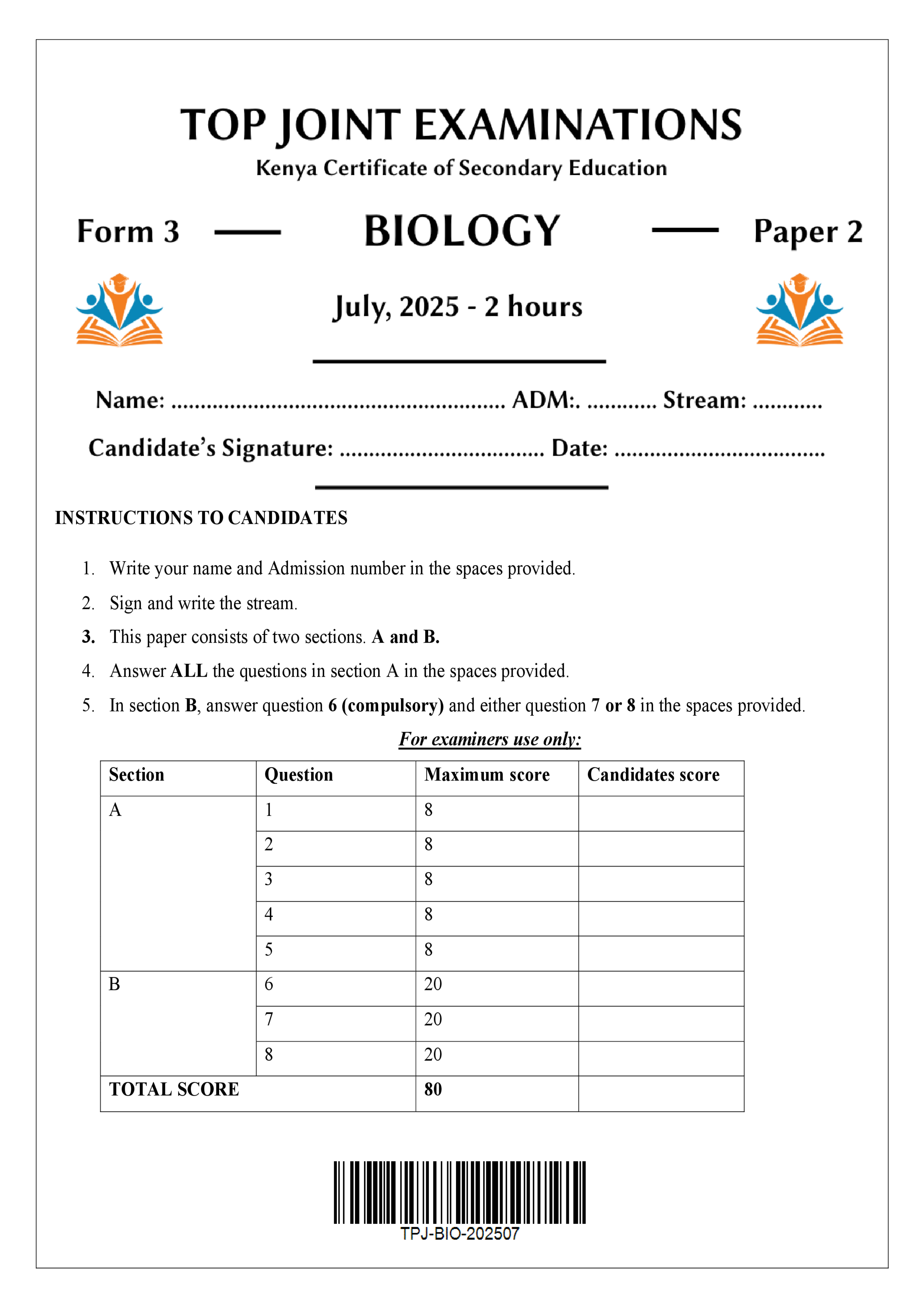 BIOLOGY FORM 3 PAPER 2 END TERM 2 2025