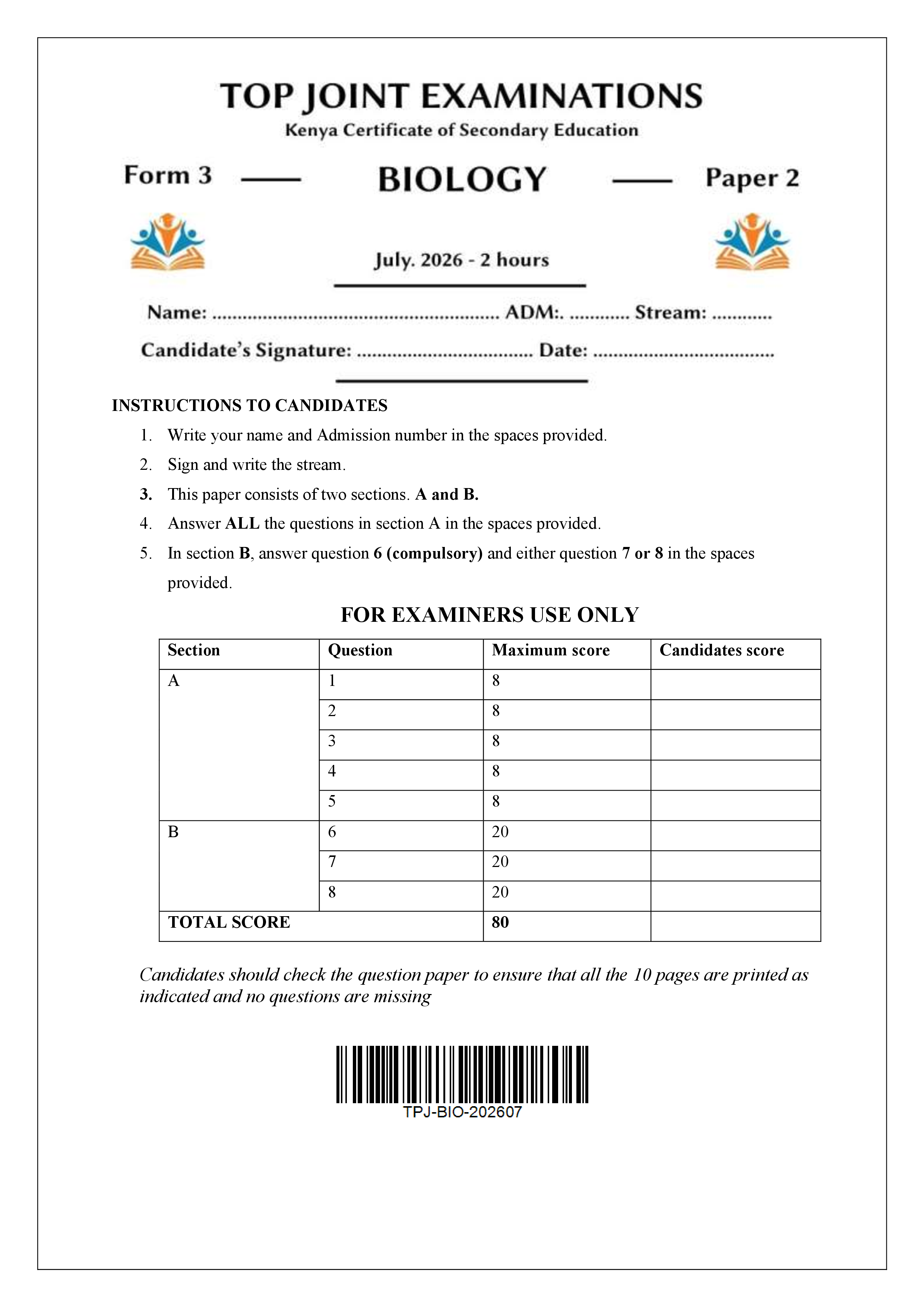 BIOLOGY FORM 3 PAPER 2 END TERM 2 2026