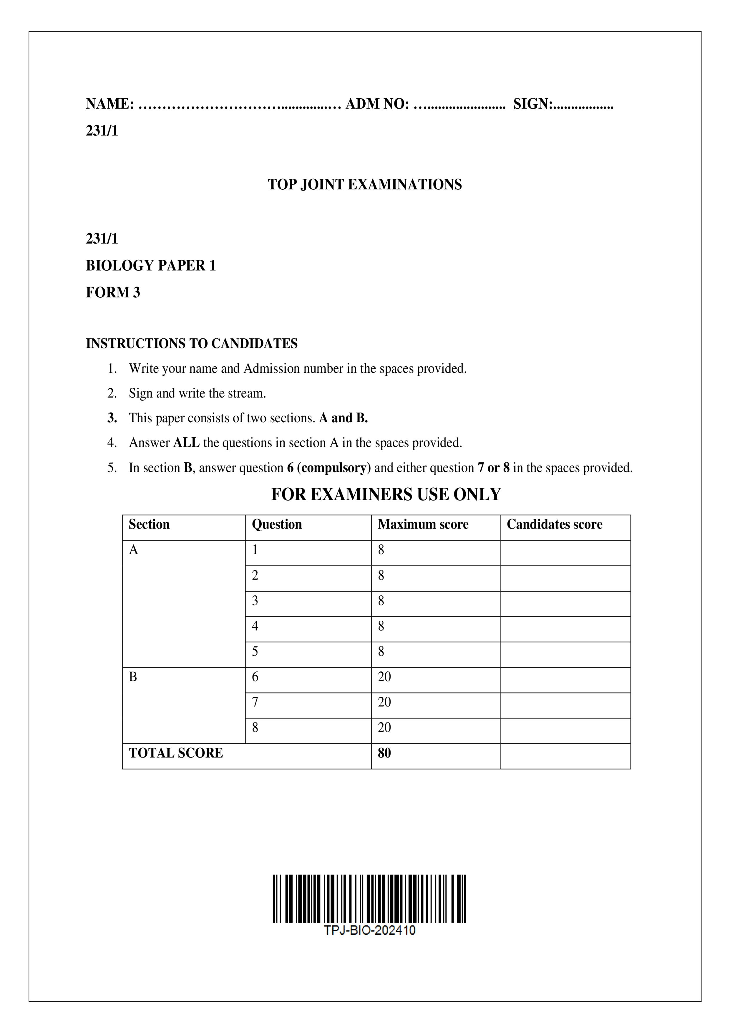 BIOLOGY FORM 3 PAPER 2 END TERM 3 2024