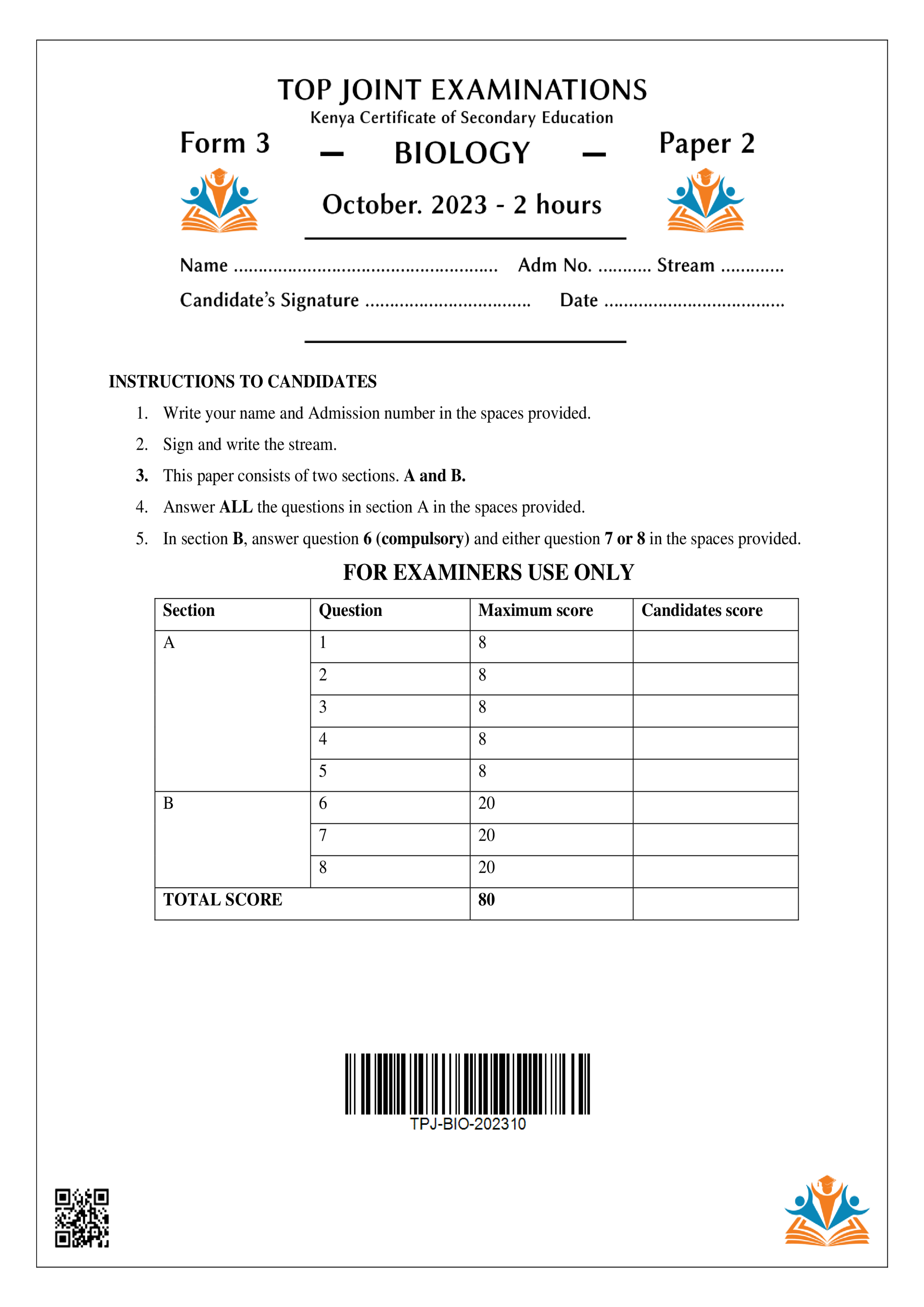 BIOLOGY FORM 3 PAPER 2 END TERM 3 2023