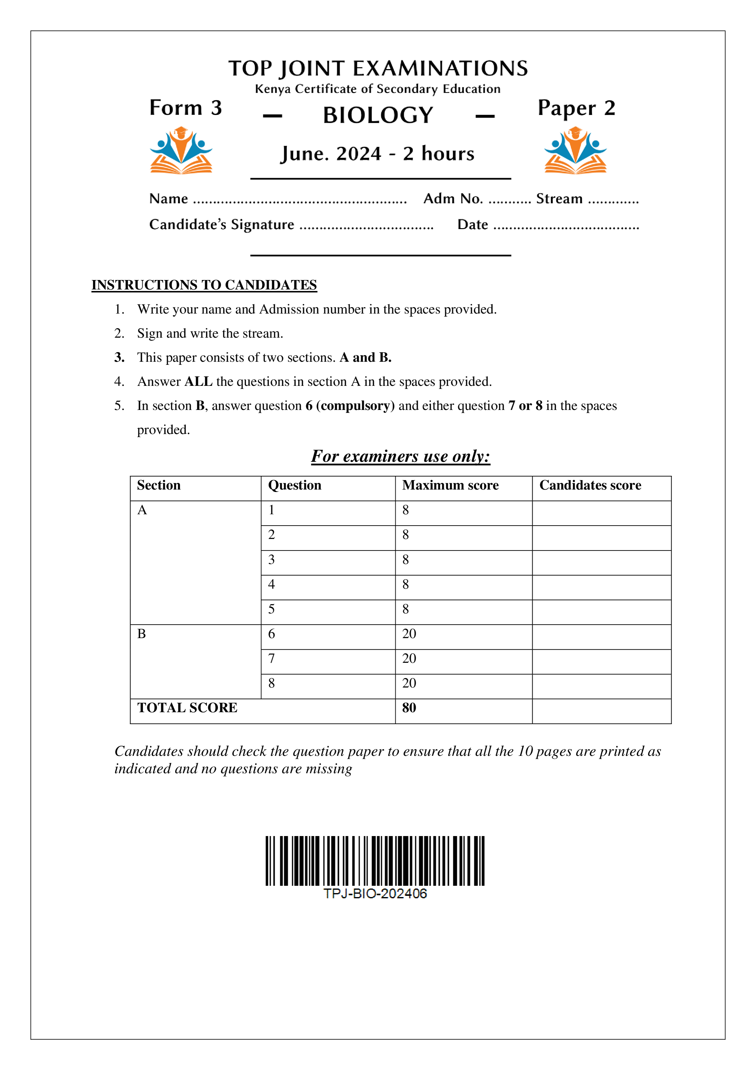 BIOLOGY FORM 3 PAPER 2 MID TERM 2 2024