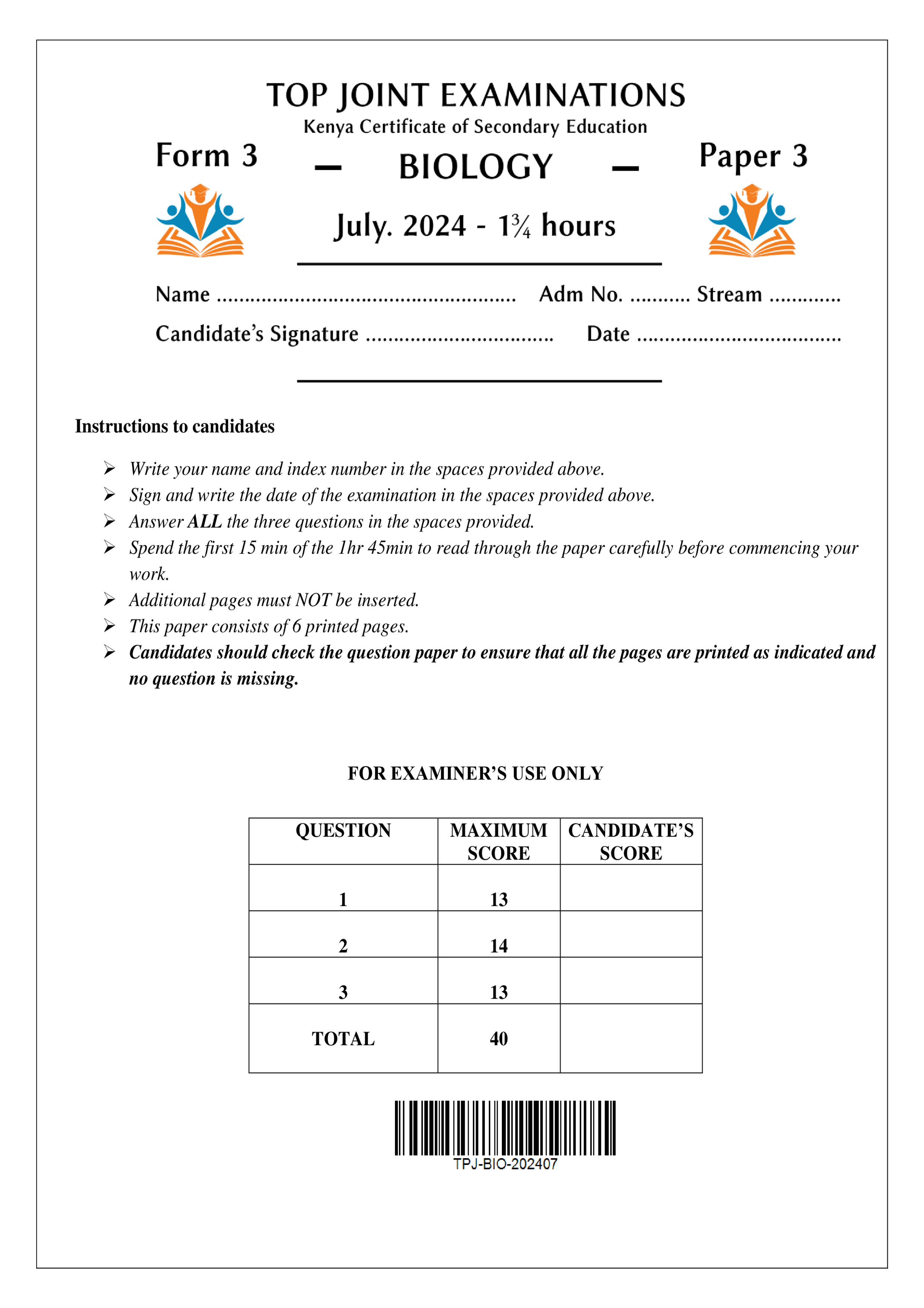 BIOLOGY FORM 3 PAPER 3 END TERM 2 2024