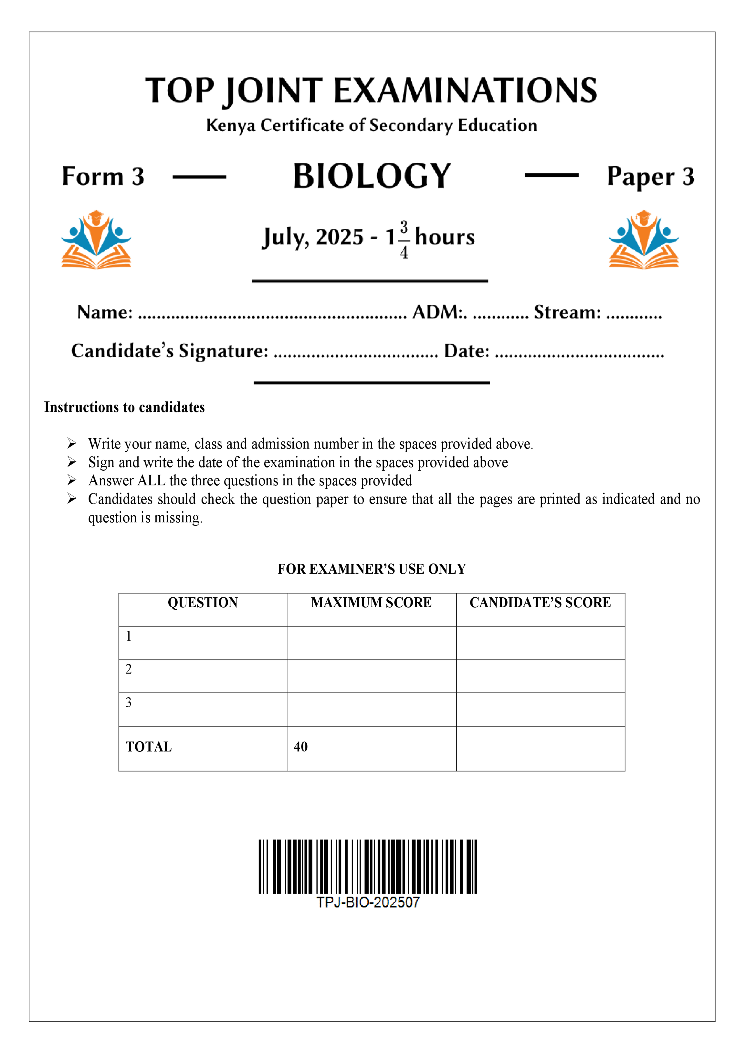 BIOLOGY FORM 3 PAPER 3 END TERM 2 2025
