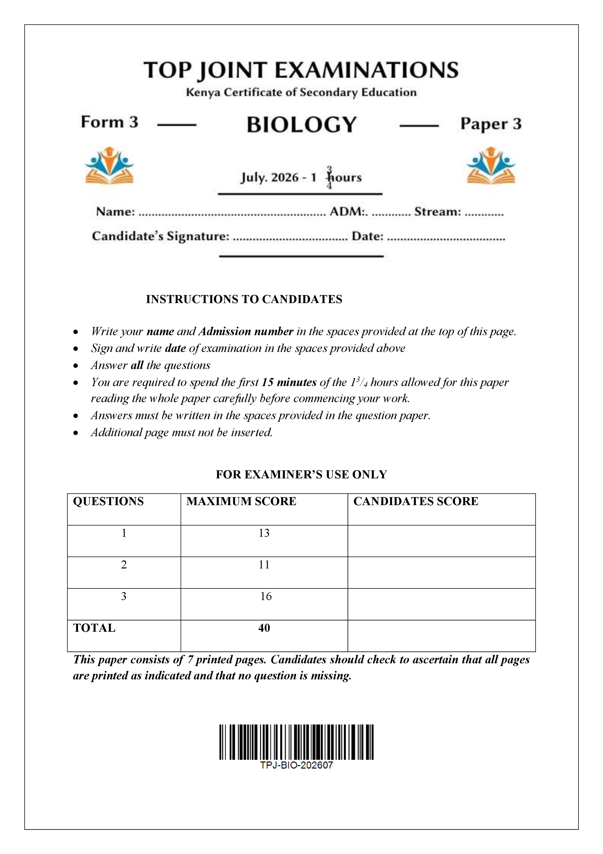 BIOLOGY FORM 3 PAPER 3 END TERM 2 2026
