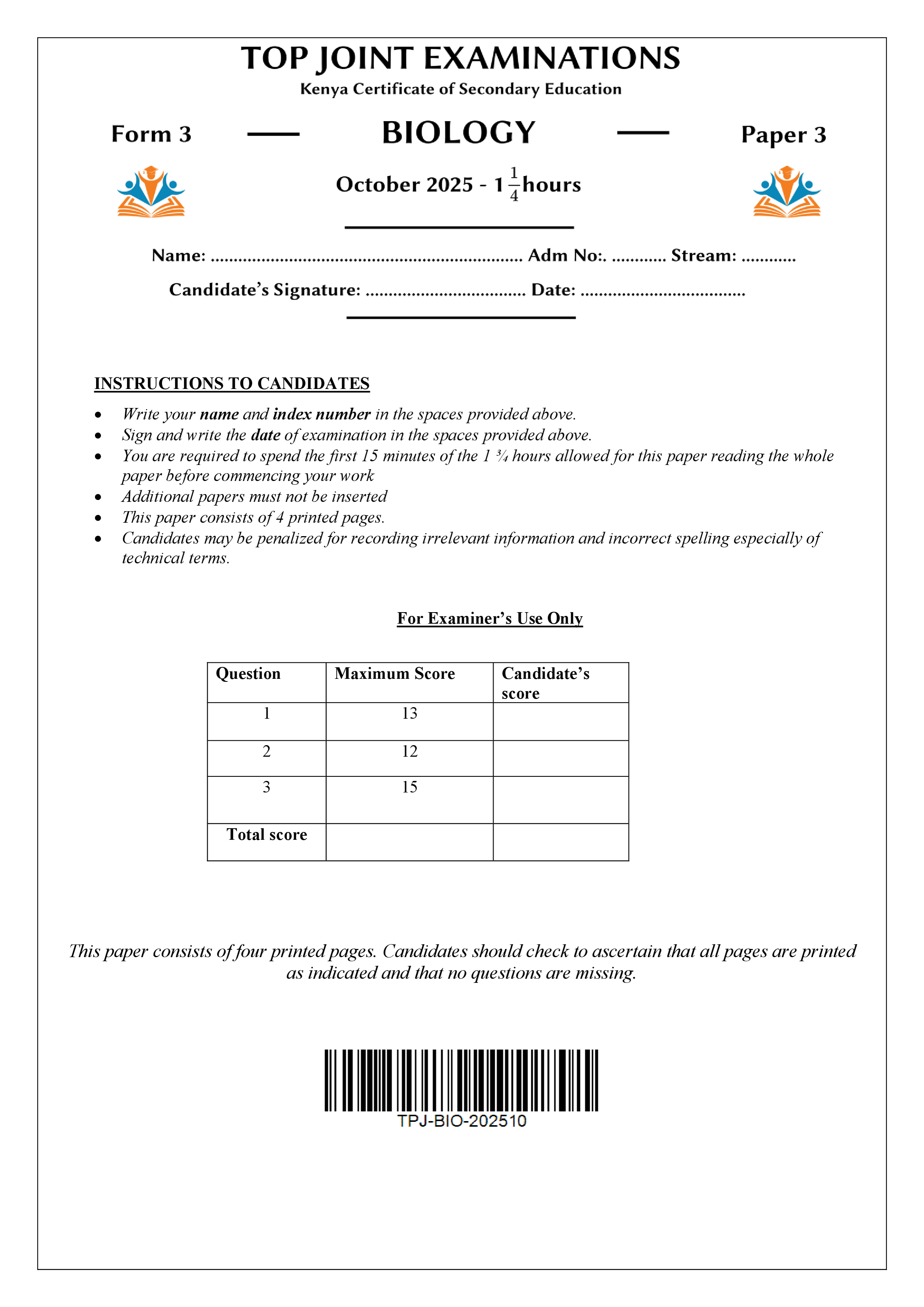 BIOLOGY FORM 3 PAPER 3 END TERM 3 2025
