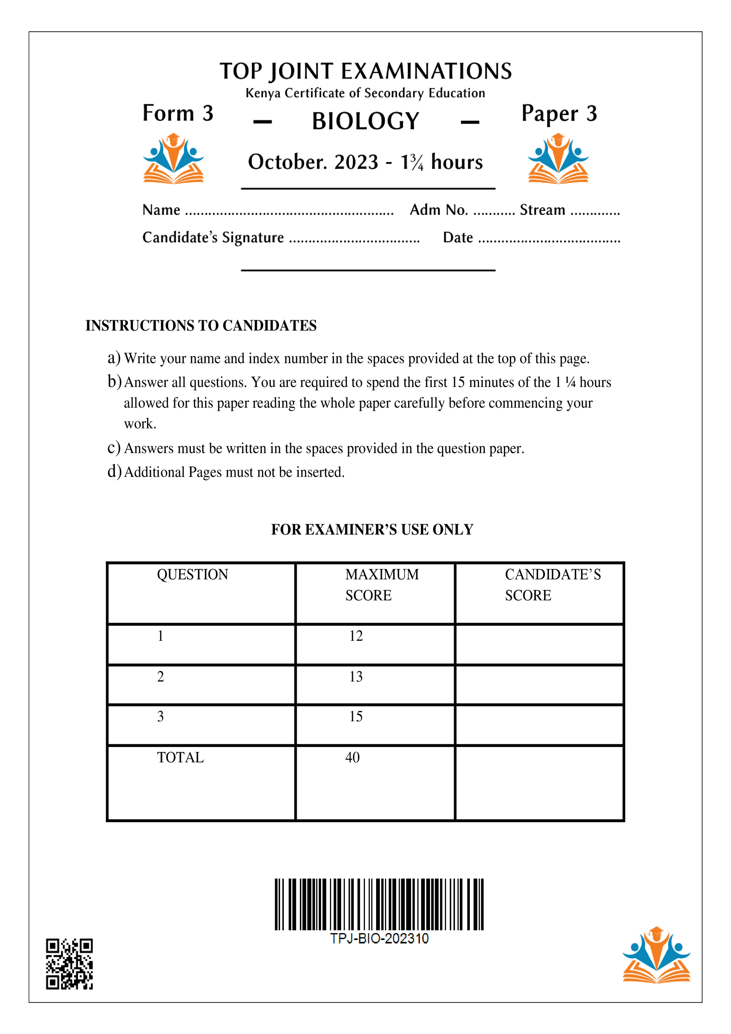 BIOLOGY FORM 3 PAPER 3 END TERM 3 2023