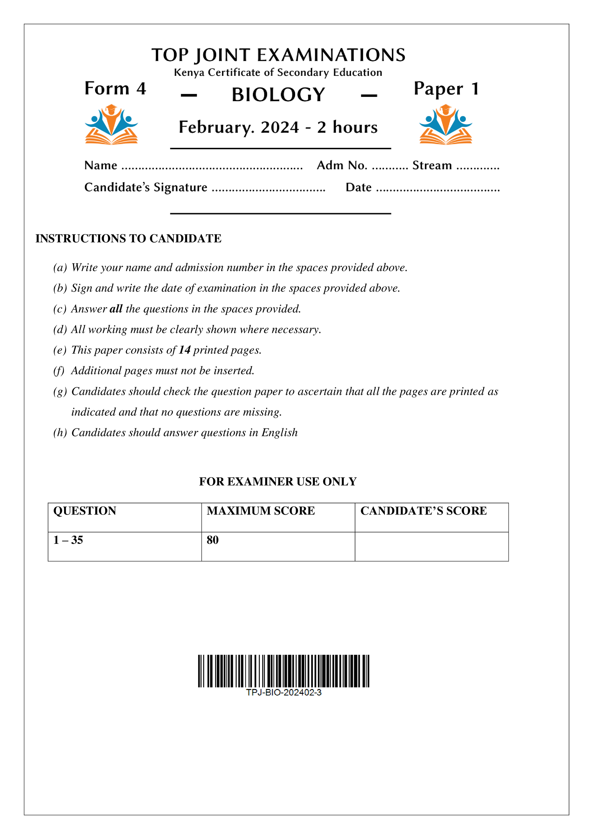 BIOLOGY FORM 4 PAPER 1 MID TERM 1 2024