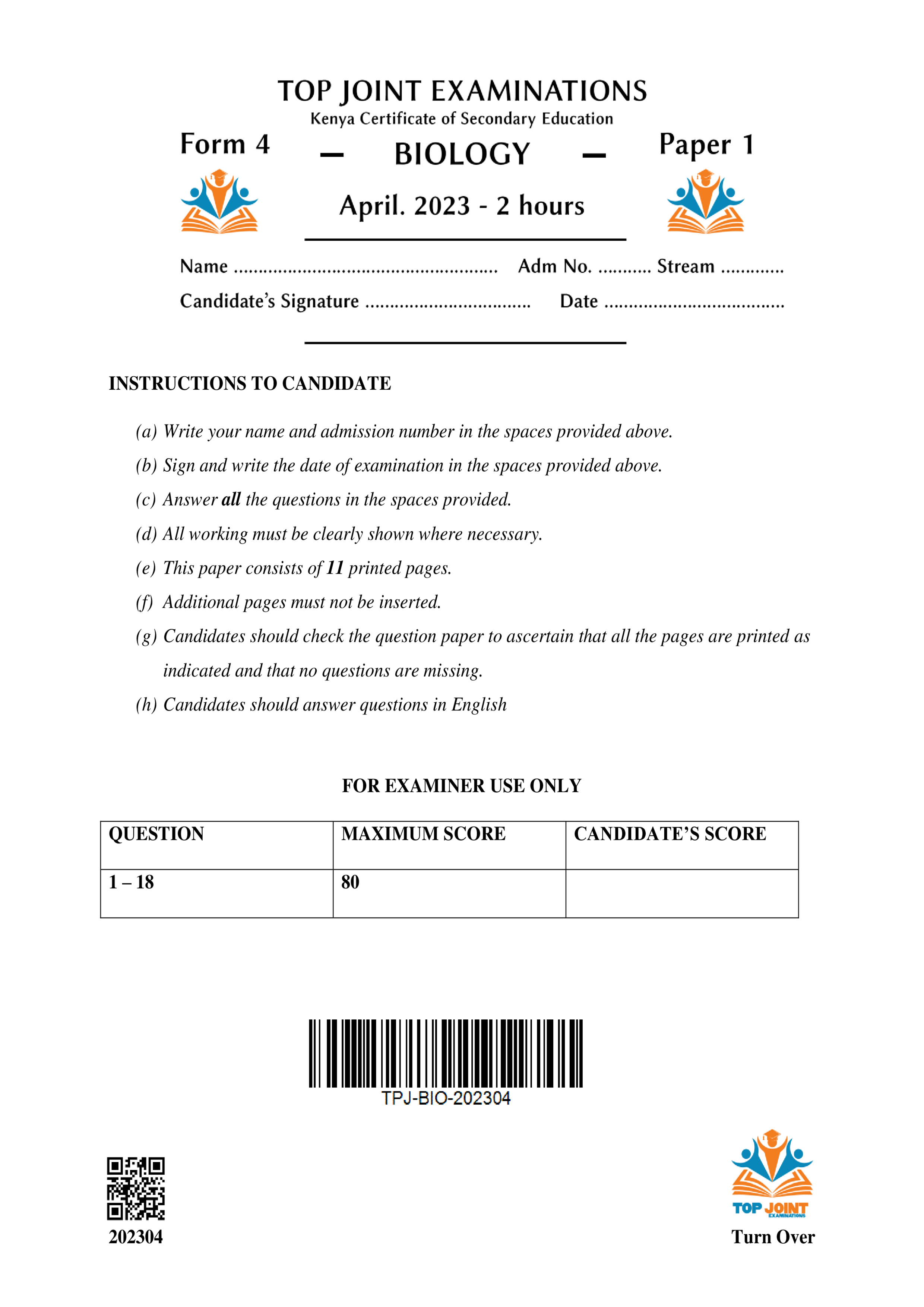 BIOLOGY FORM 4 PAPER 1 END TERM 1 2023