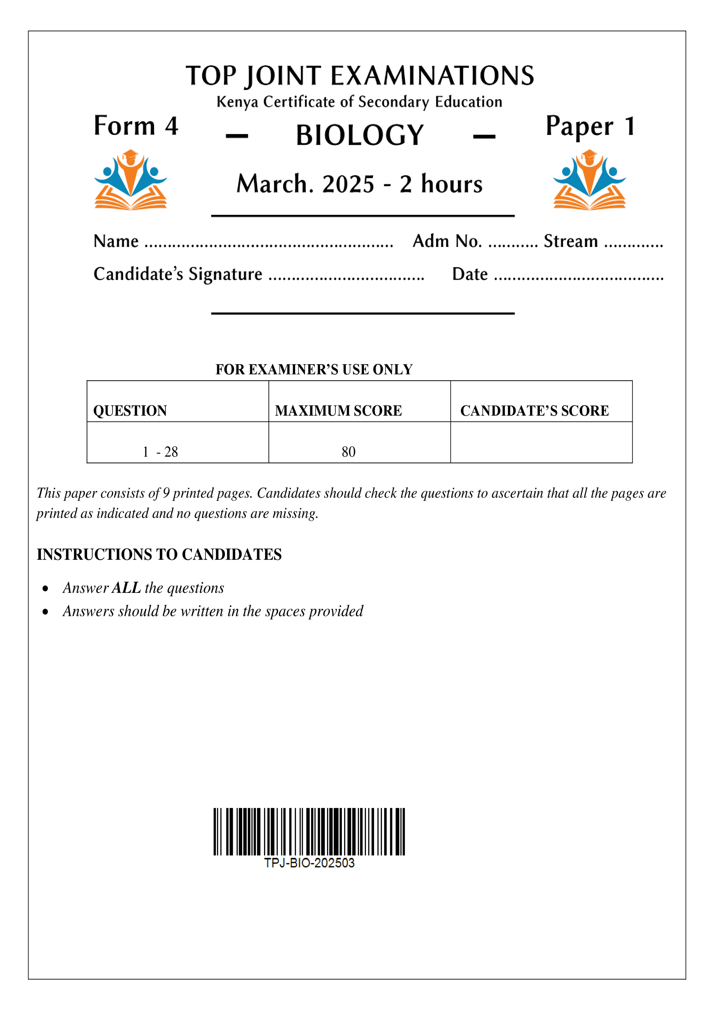 BIOLOGY FORM 4 PAPER 1 END TERM 1 2025