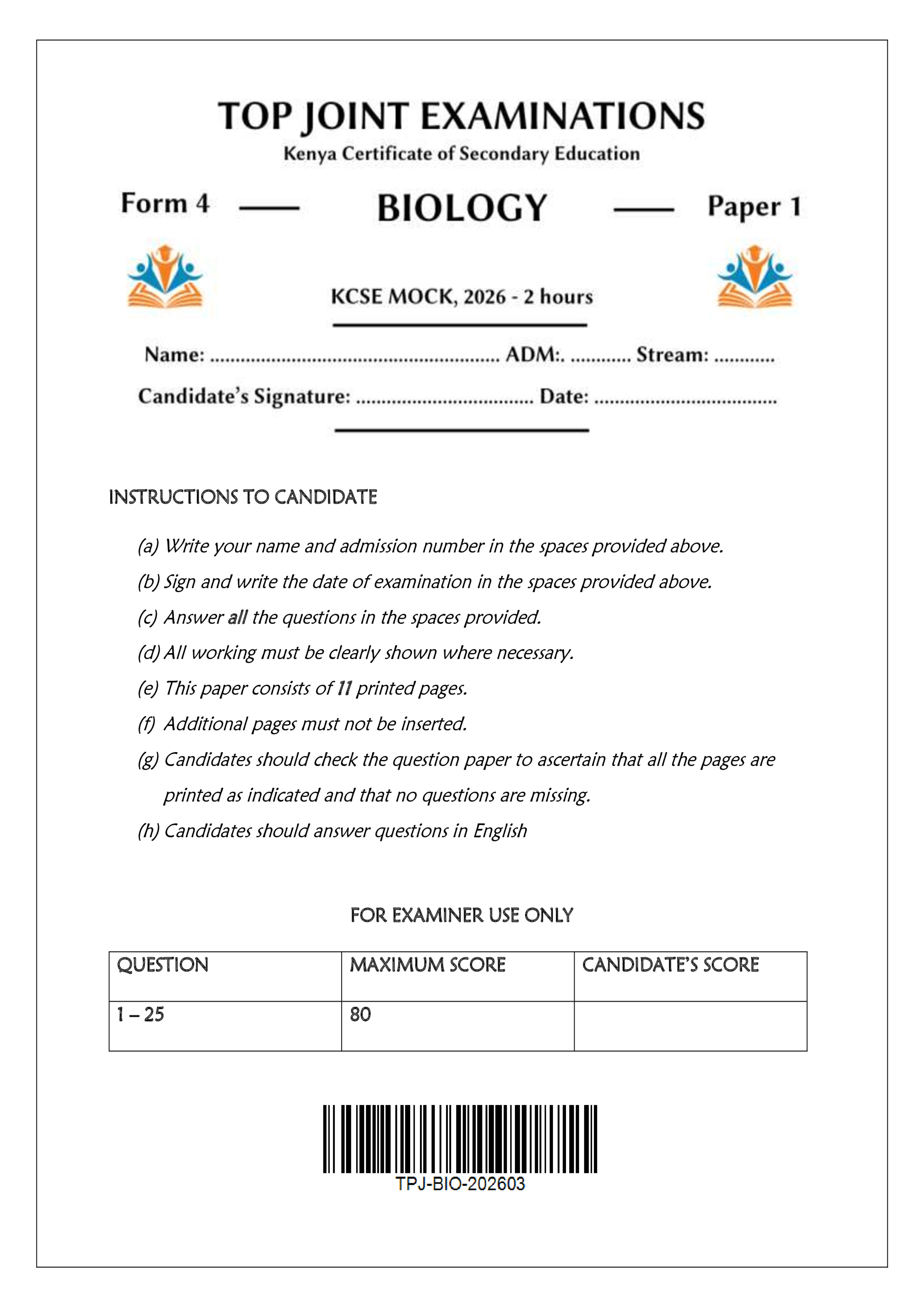 BIOLOGY FORM 4 PAPER 1 END TERM 1 2026