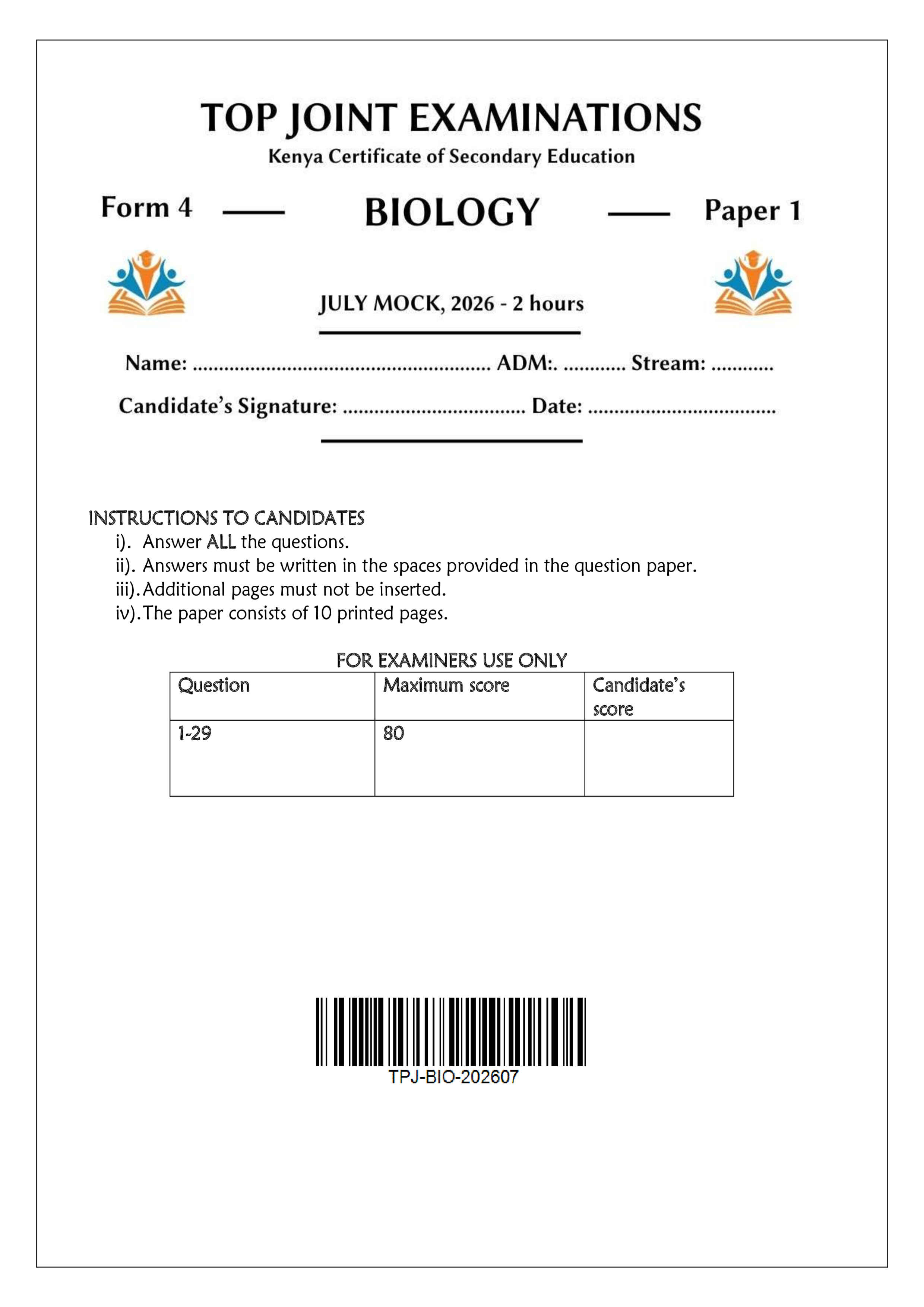 BIOLOGY FORM 4 PAPER 1 END TERM 2 2026