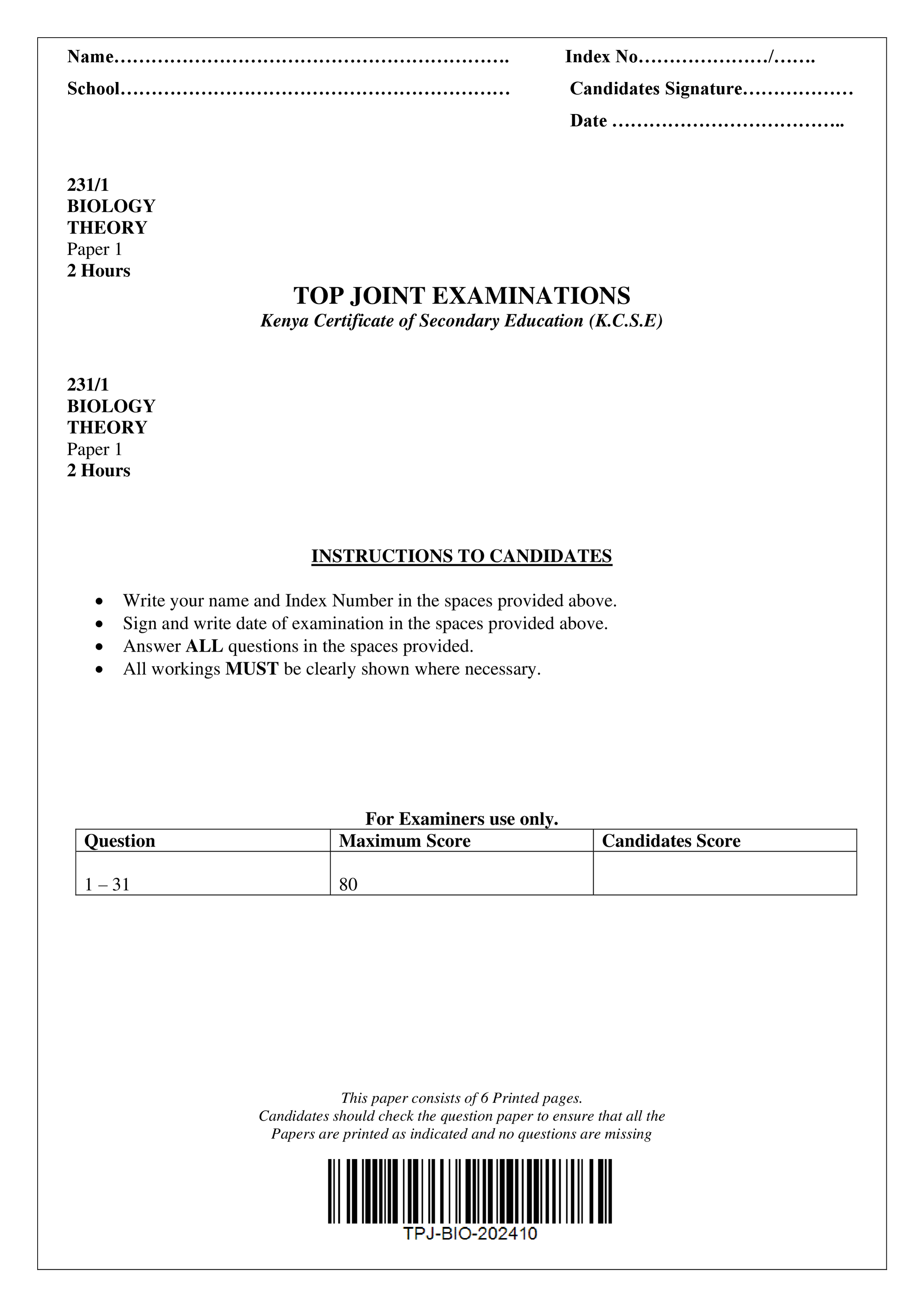 BIOLOGY FORM 4 PAPER 1 END TERM 3 2024