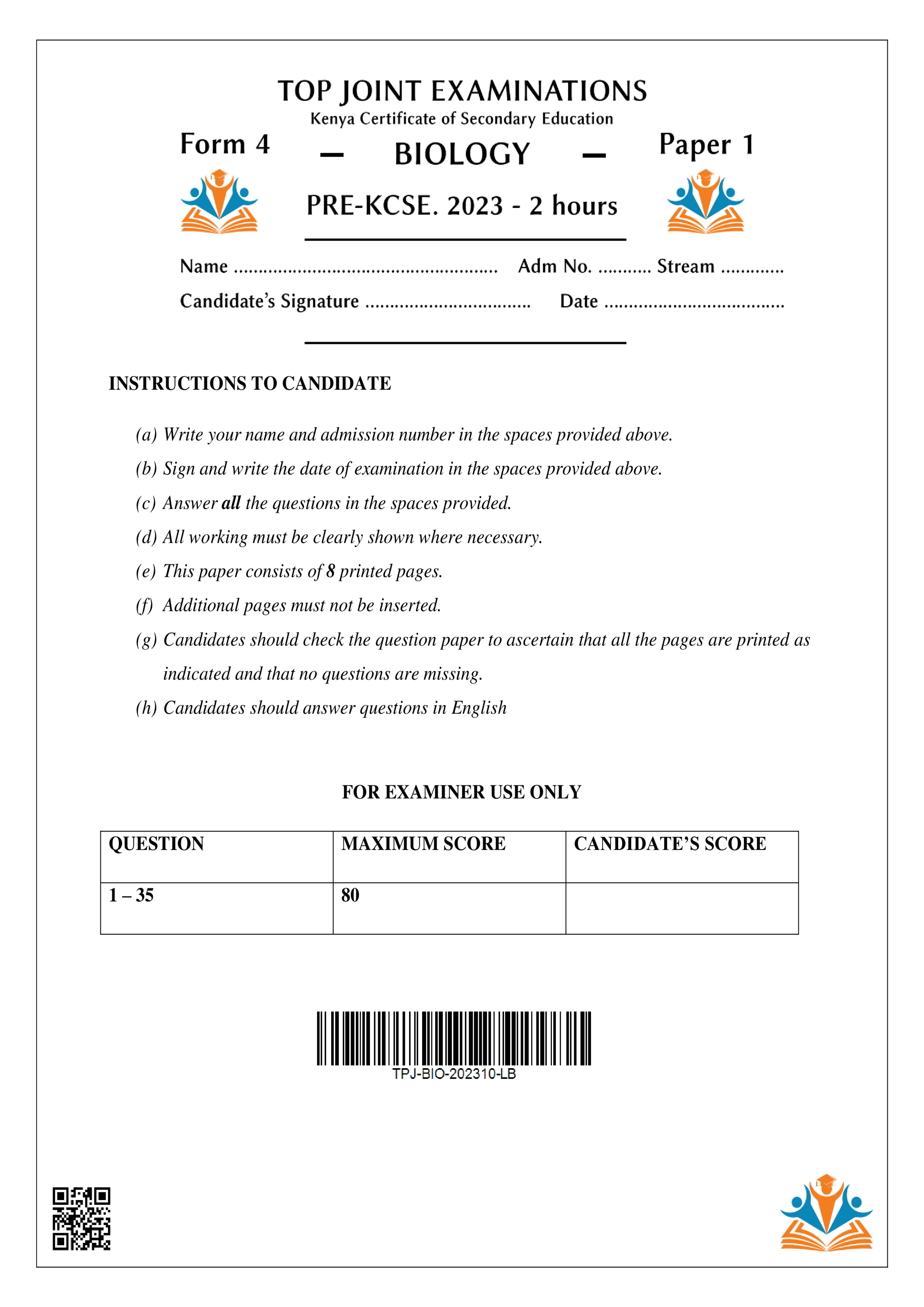 BIOLOGY FORM 4 PAPER 1 PRE-KCSE 2023