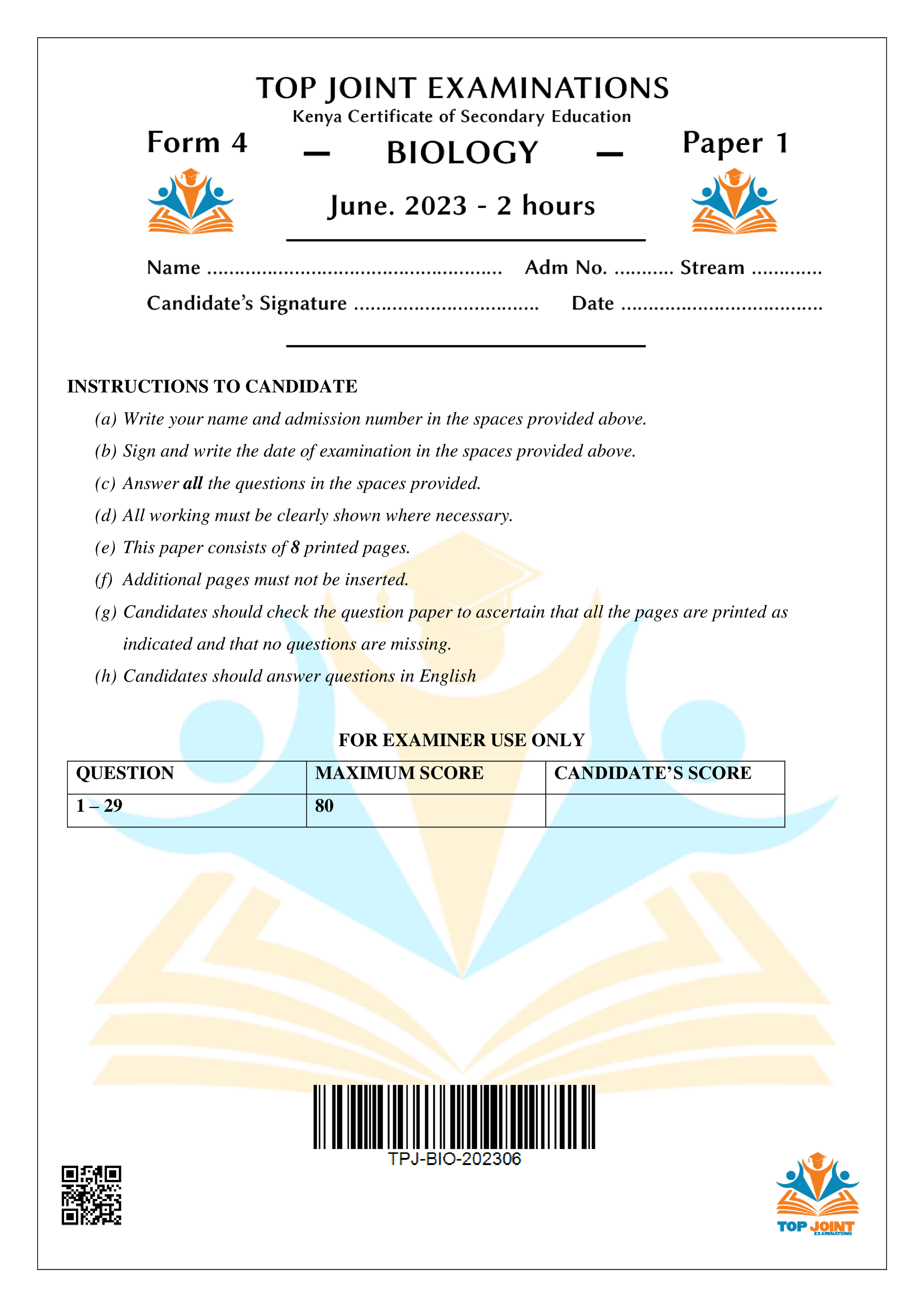 BIOLOGY FORM 4 PAPER 1 MID TERM 2 2023