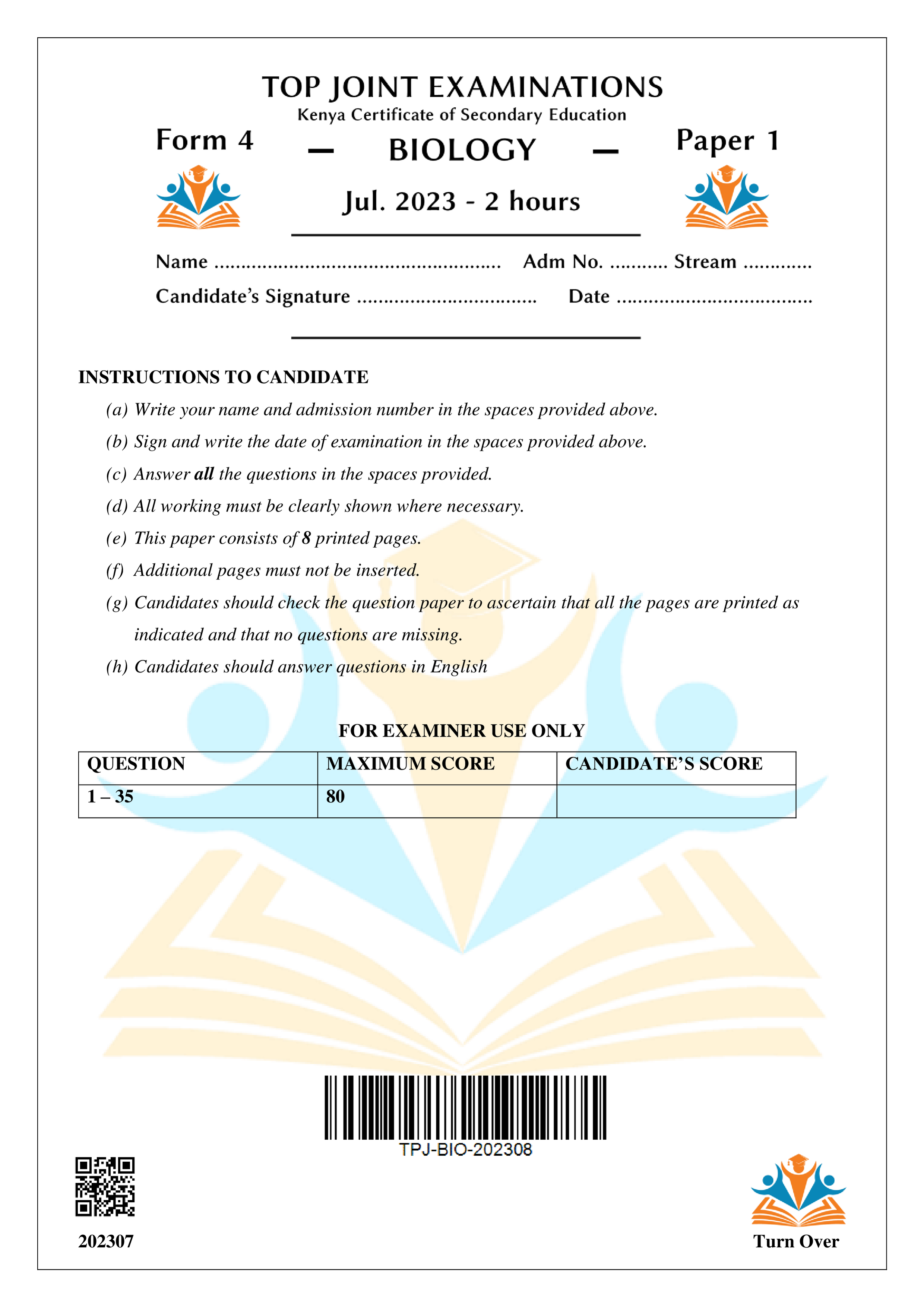 BIOLOGY FORM 4 PAPER 1 KCSE MOCK 2023