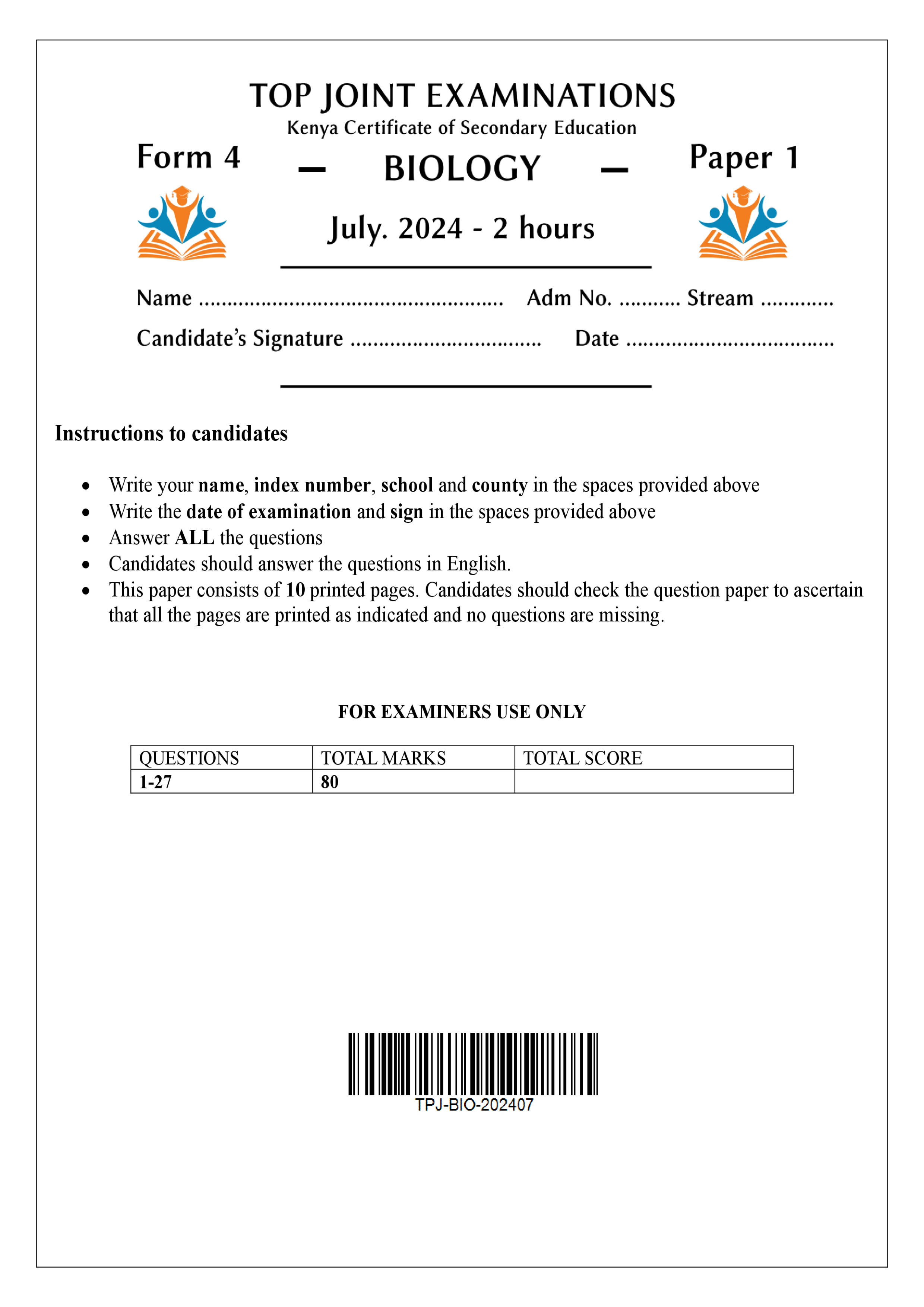 BIOLOGY FORM 4 PAPER 1 KCSE MOCK 2024