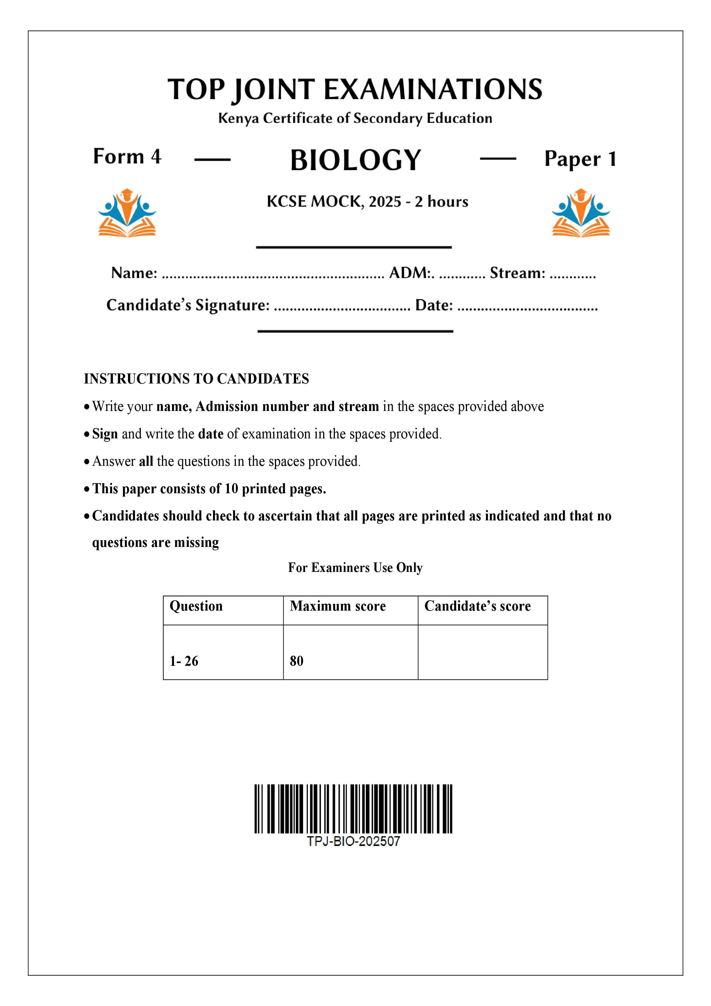 BIOLOGY FORM 4 PAPER 1 MOCK 2025