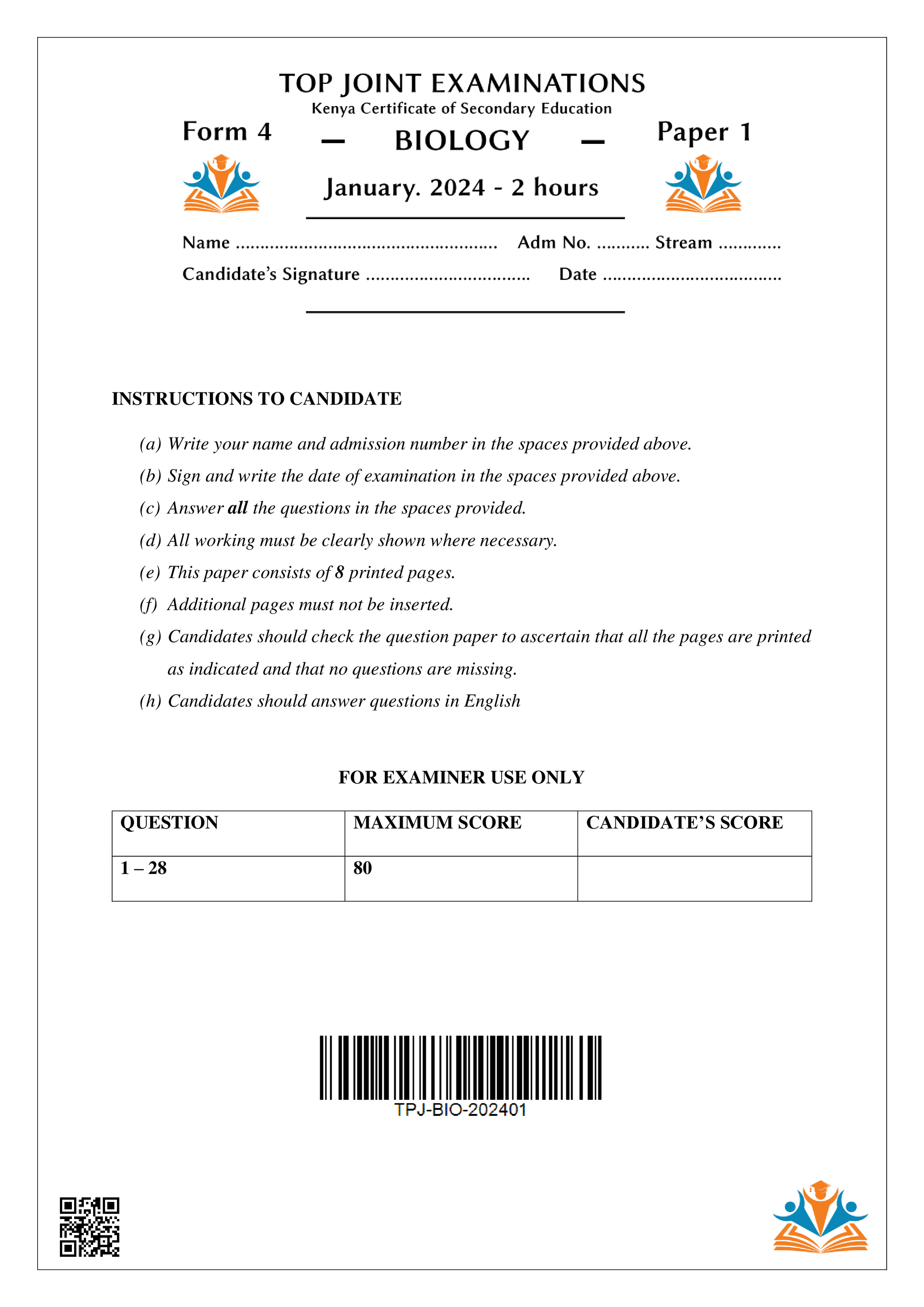 BIOLOGY FORM 4 PAPER 1 OPENER TERM 1 2024