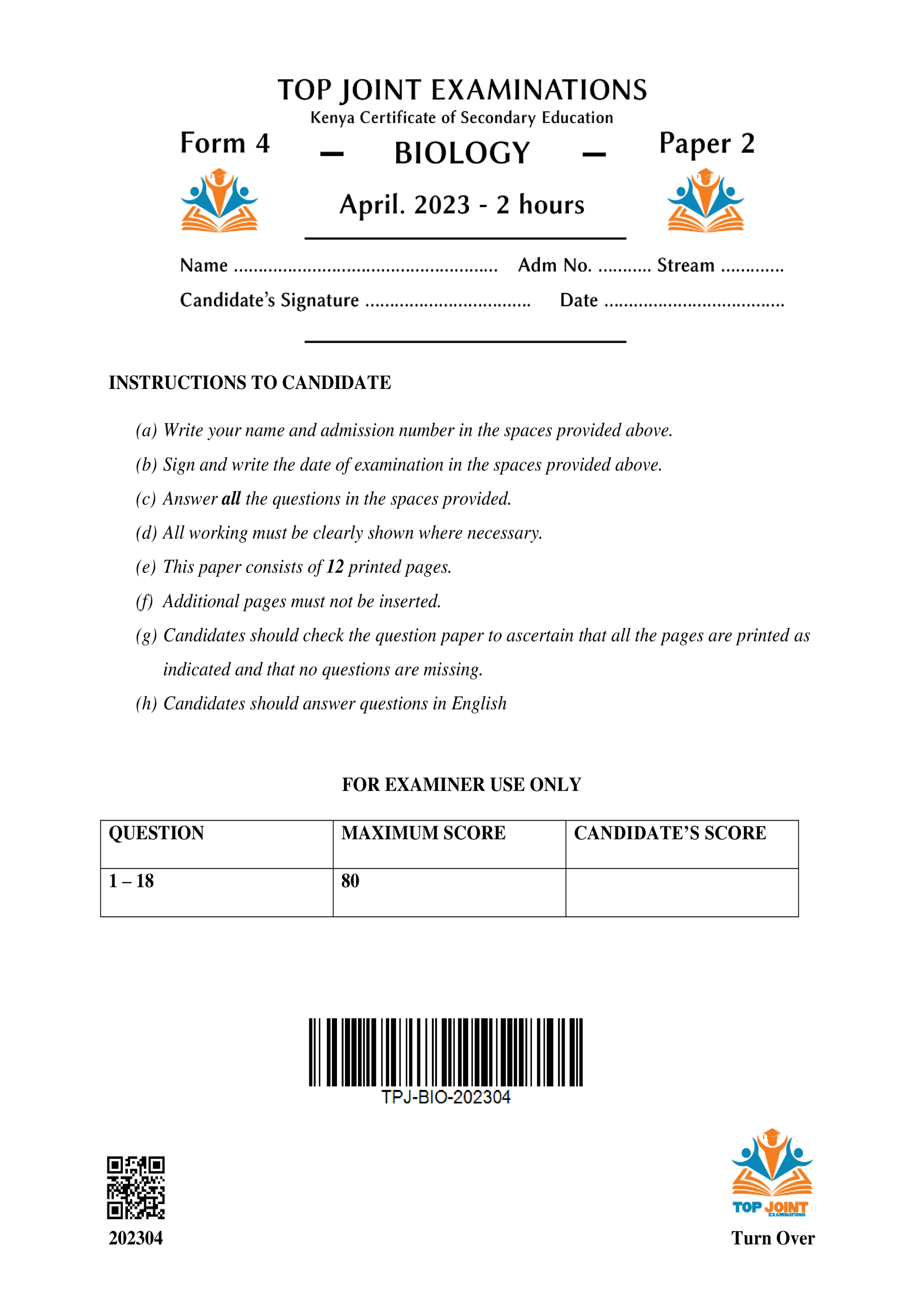 BIOLOGY FORM 4 PAPER 2 END TERM 1 2023