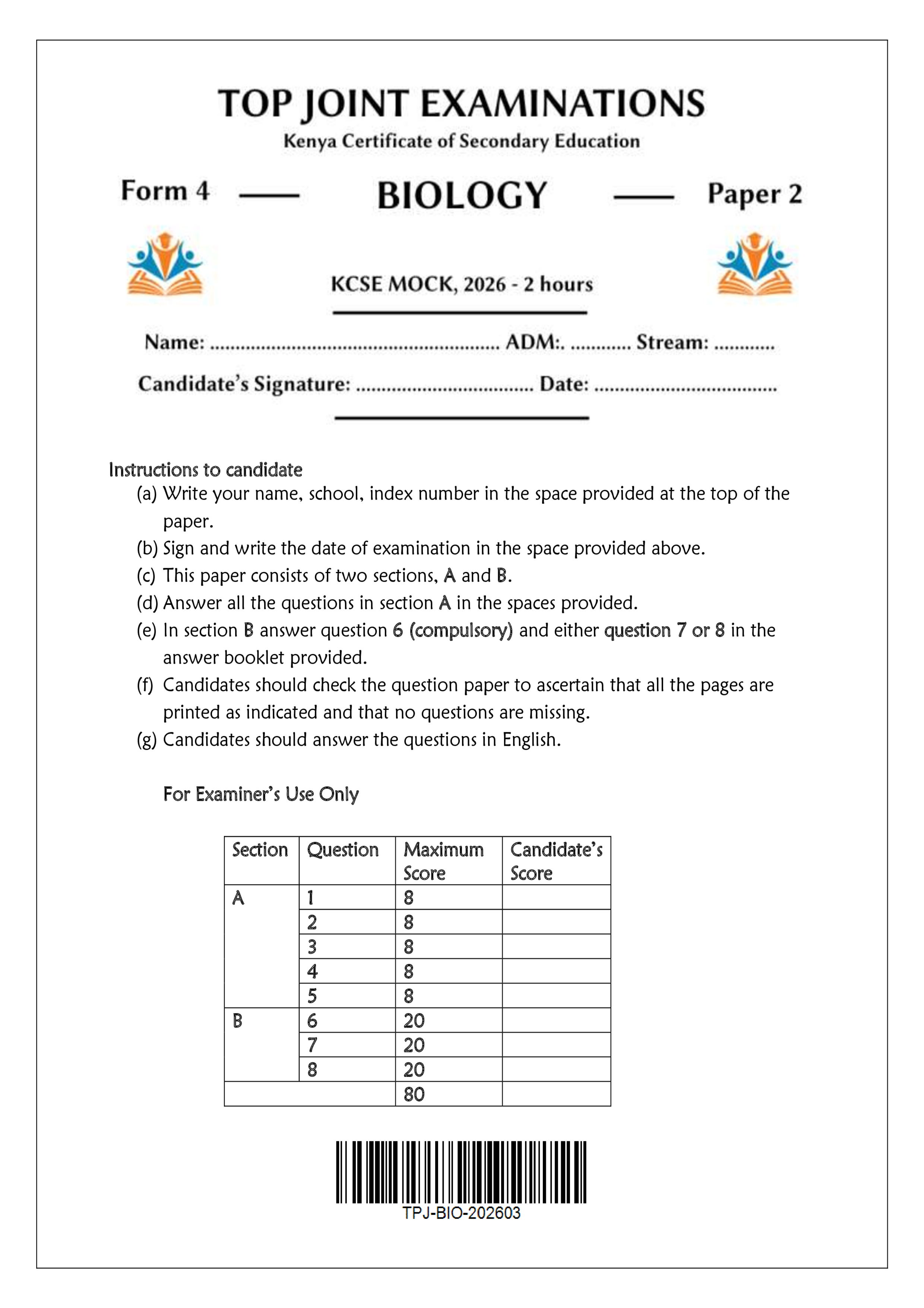 BIOLOGY FORM 4 PAPER 2 END TERM 1 2026