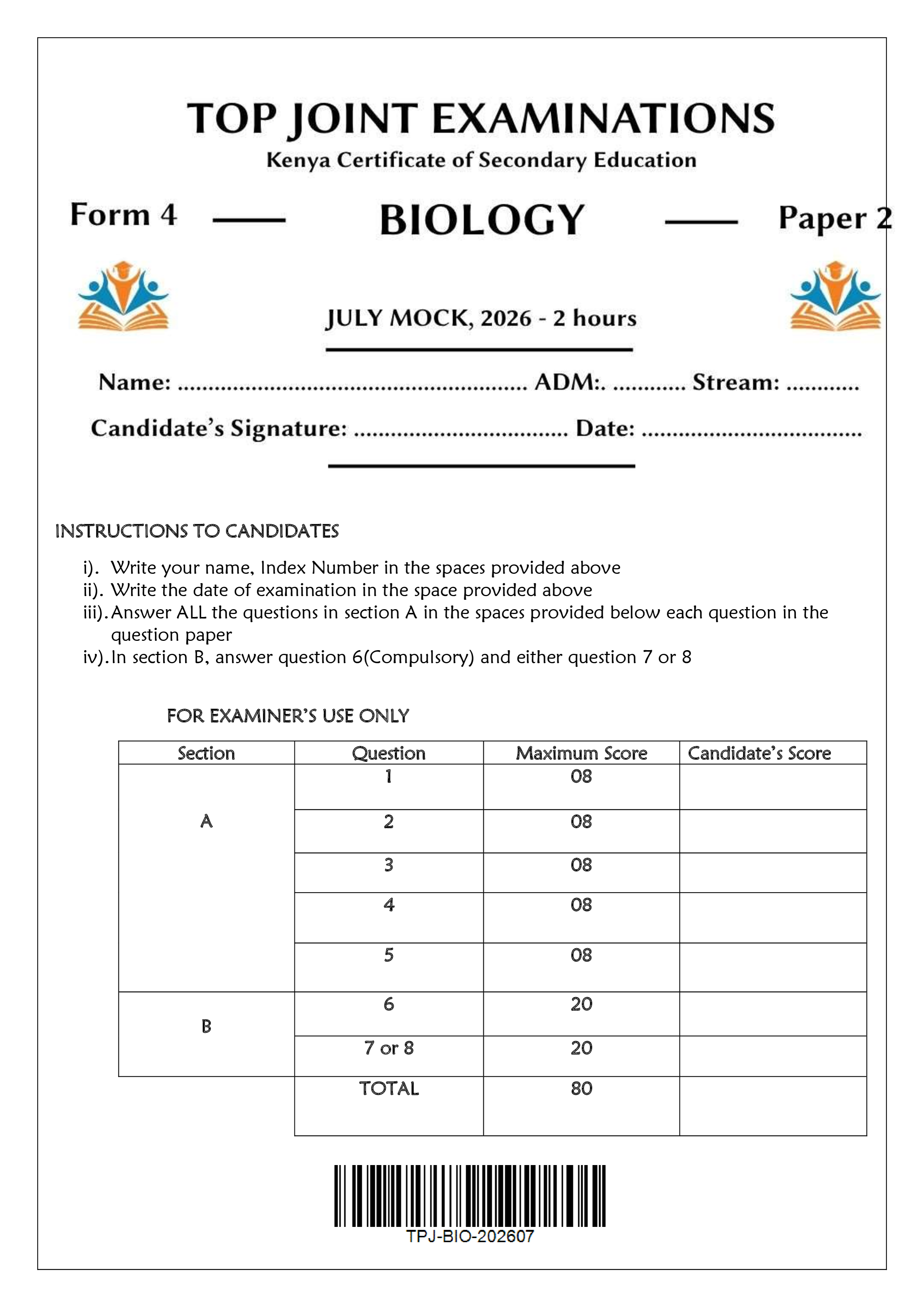BIOLOGY FORM 4 PAPER 2 END TERM 2 2026