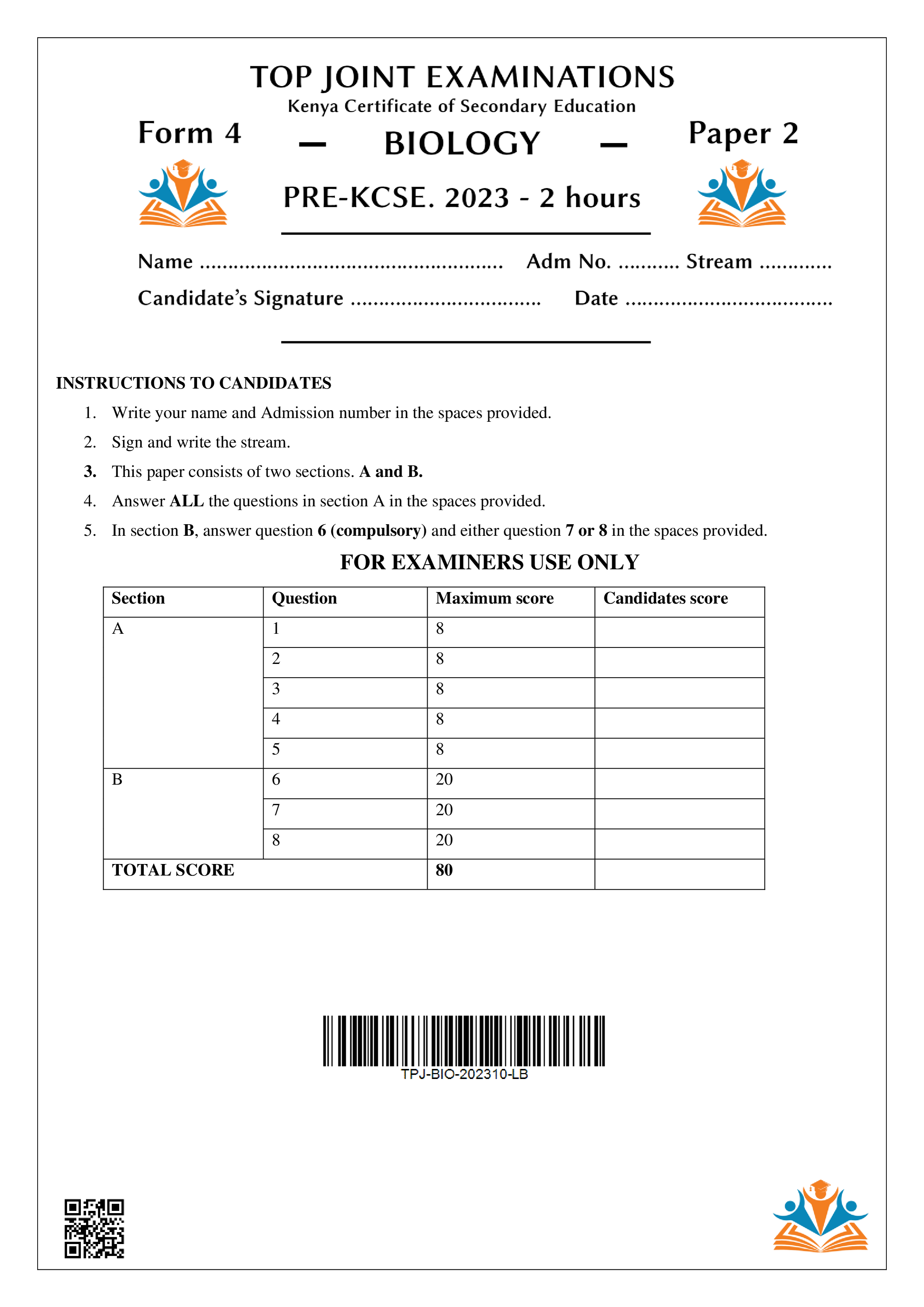 BIOLOGY FORM 4 PAPER 2 PRE-KCSE 2023