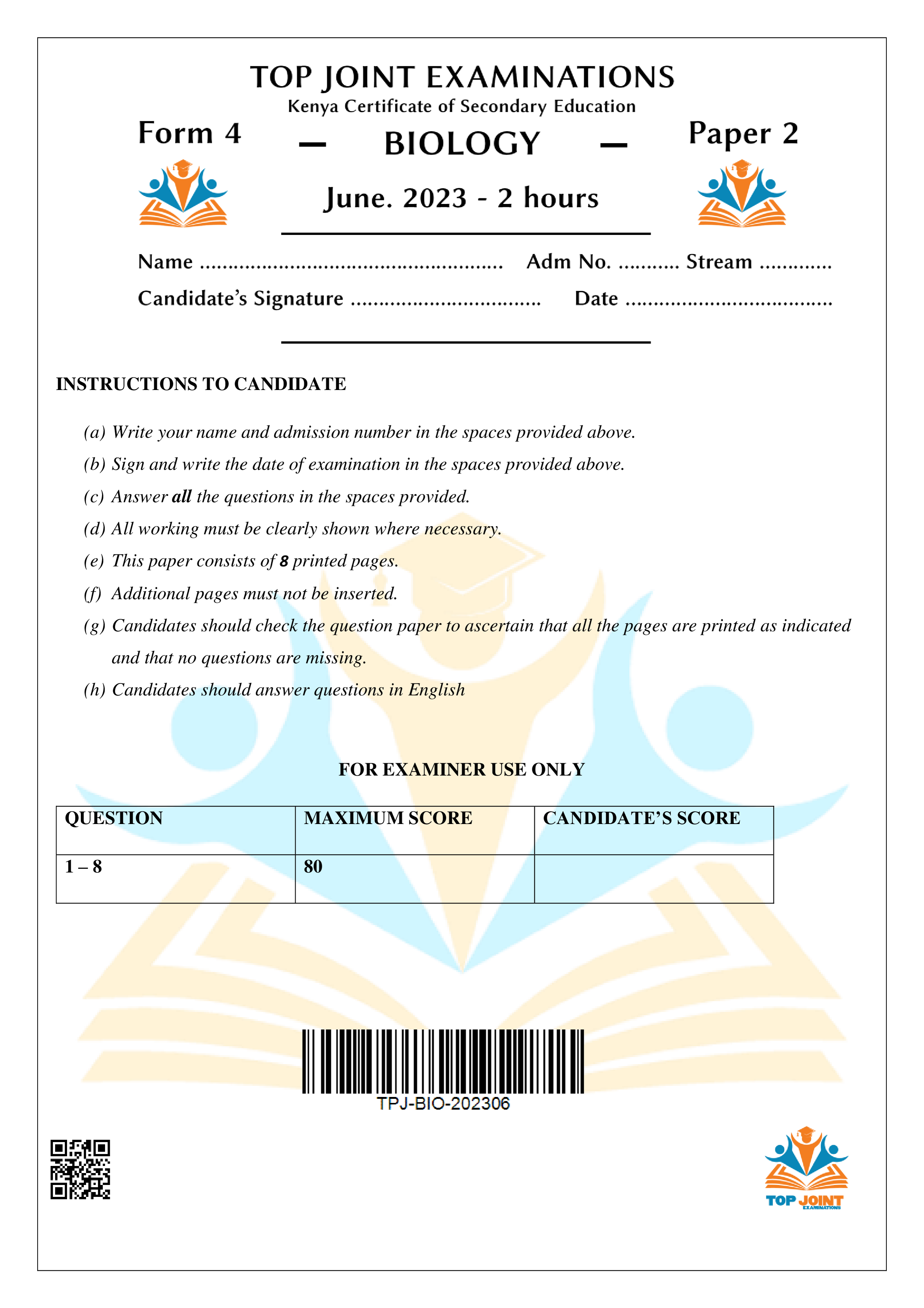 BIOLOGY FORM 4 PAPER 2 MID TERM 2 2023