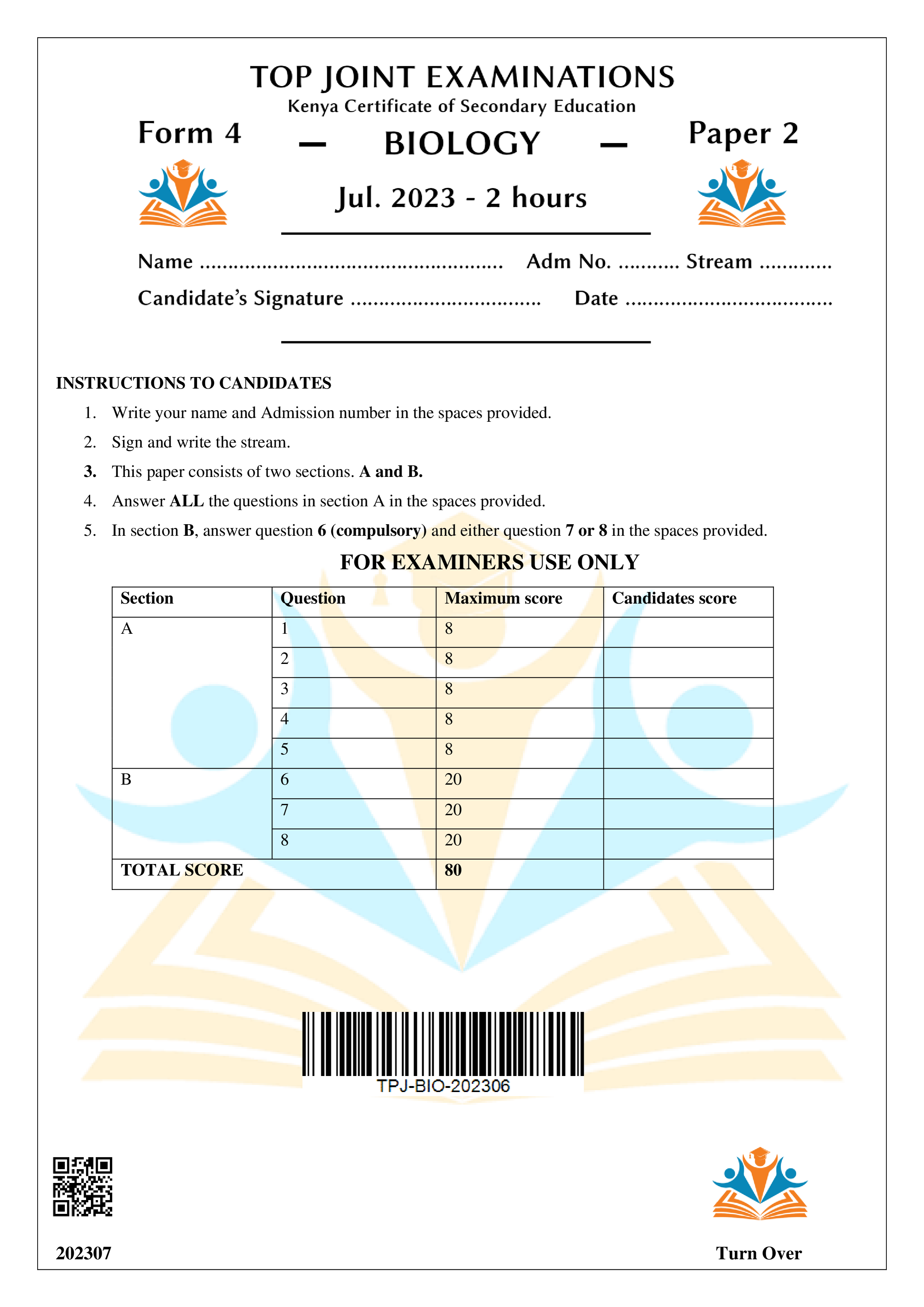 BIOLOGY FORM 4 PAPER 2 KCSE MOCK 2023