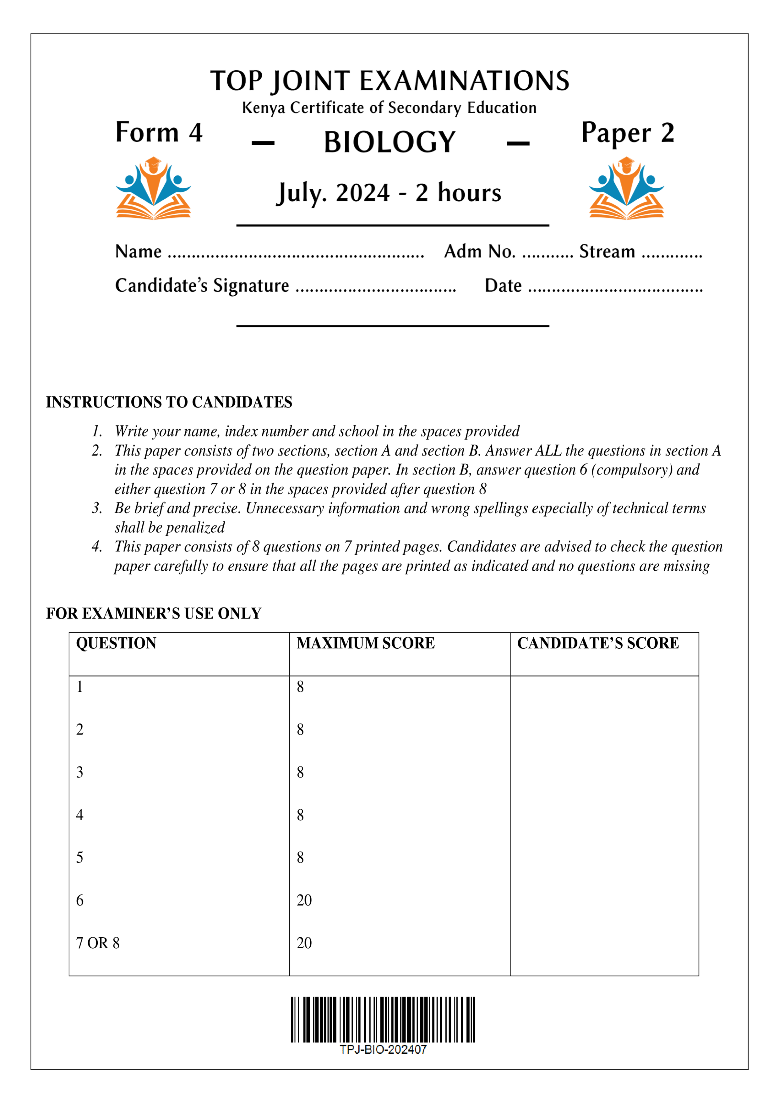 BIOLOGY FORM 4 PAPER 2 KCSE MOCK 2024