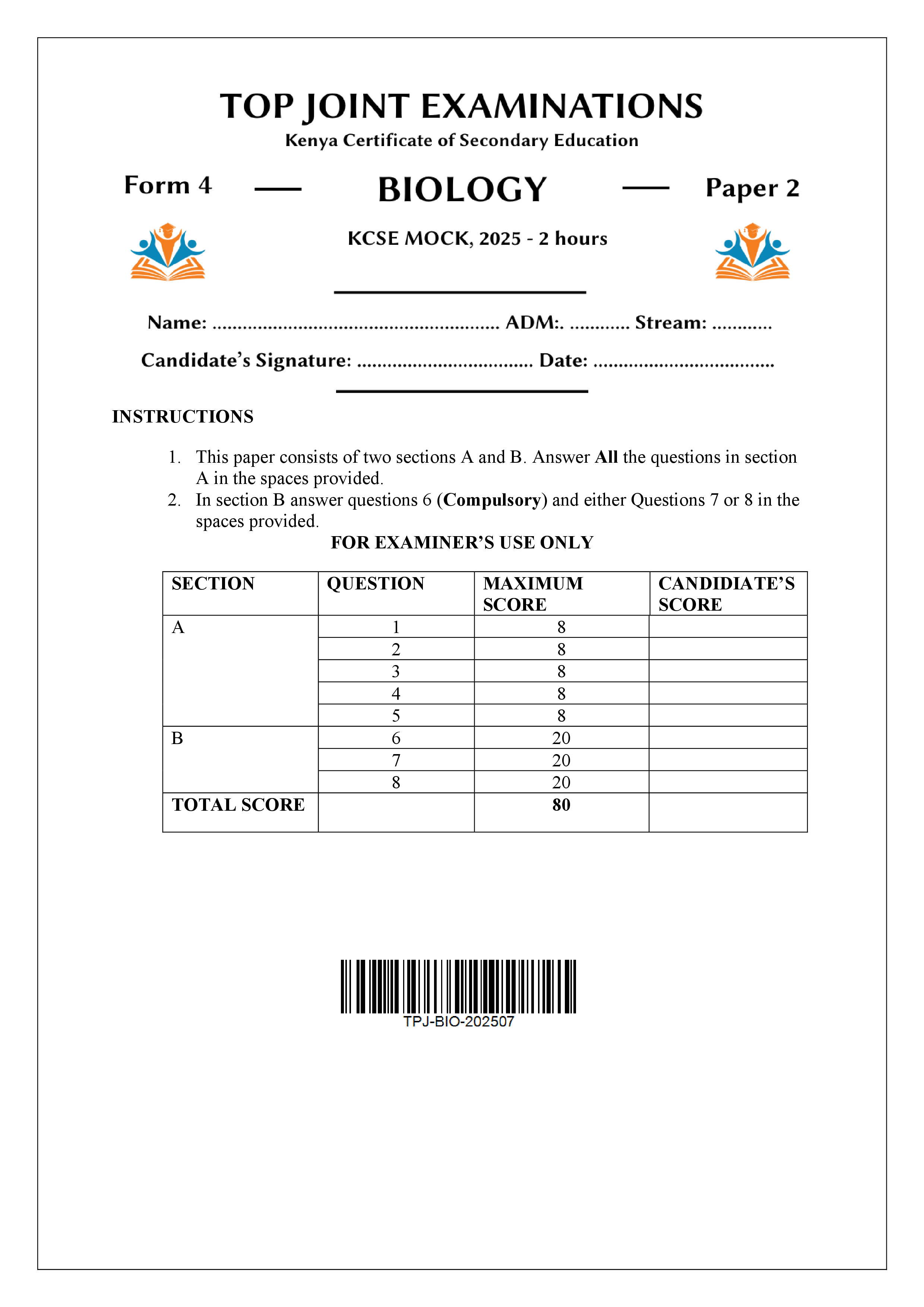 BIOLOGY FORM 4 PAPER 2 MOCK 2025