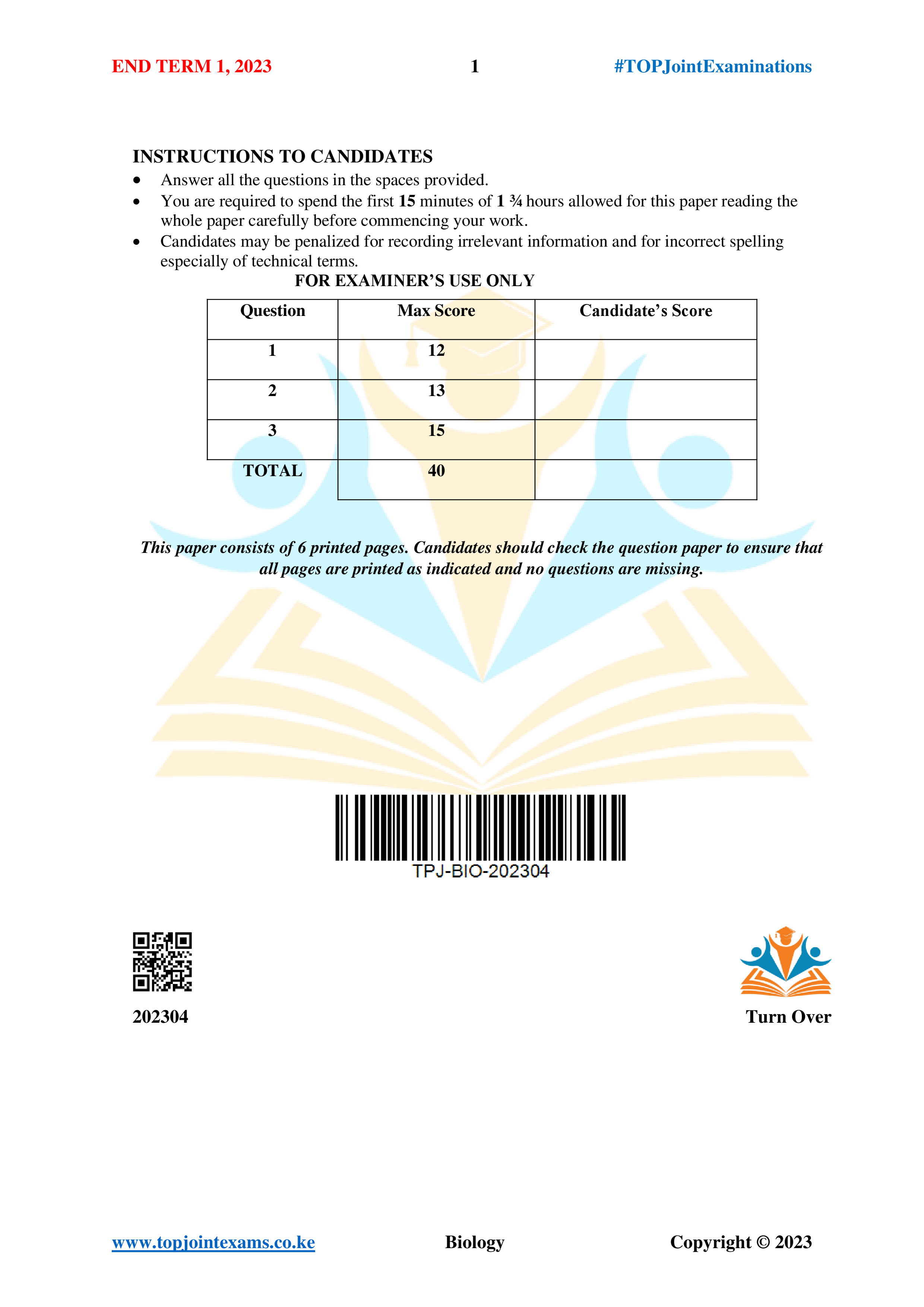 BIOLOGY FORM 4 PAPER 3 END TERM 1 2023