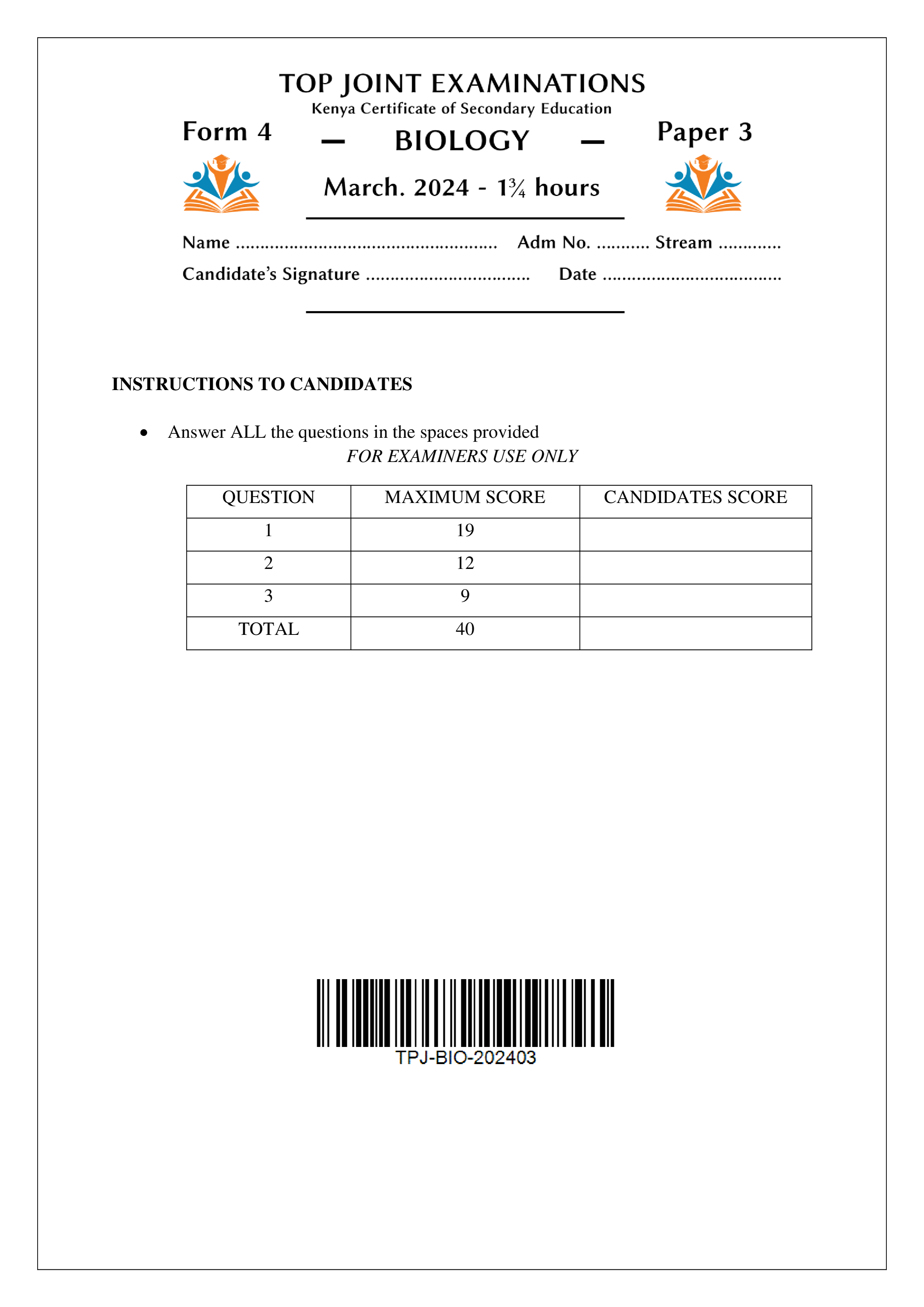 BIOLOGY FORM 4 PAPER 3 END TERM 1 2024