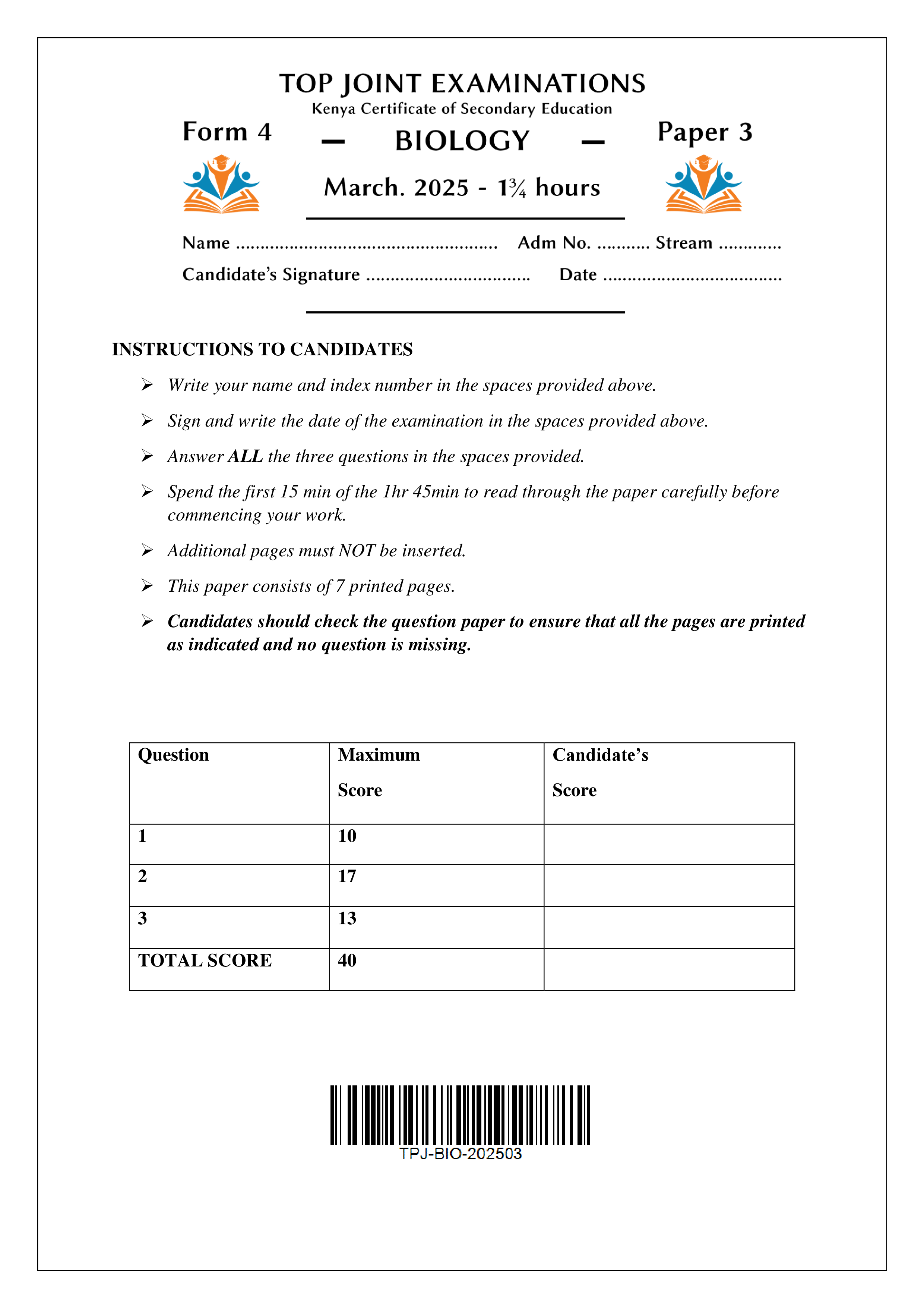 BIOLOGY FORM 4 PAPER 3 END TERM 1 2025