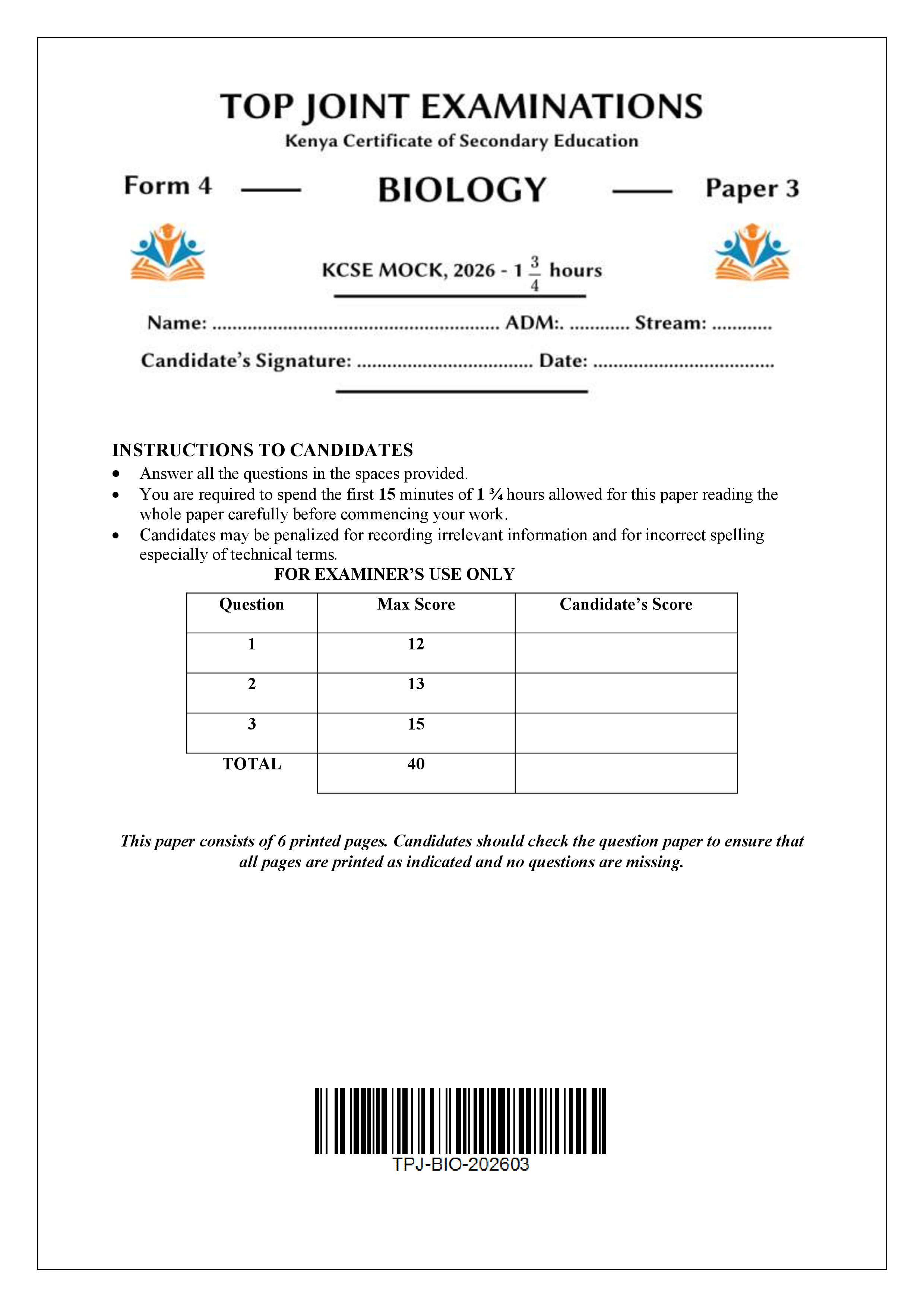 BIOLOGY FORM 4 PAPER 3 END TERM 1 2026