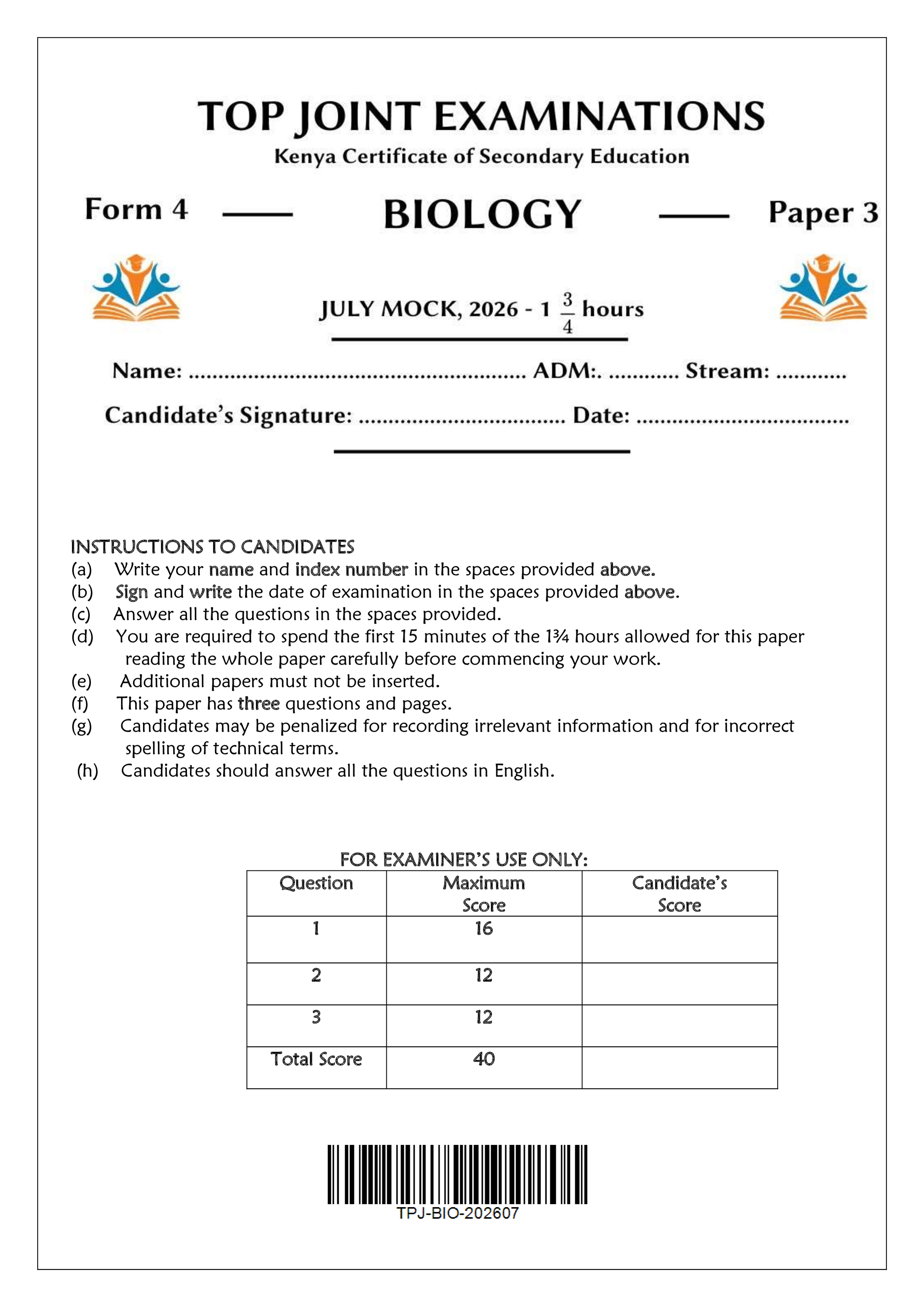 BIOLOGY FORM 4 PAPER 3 END TERM 2 2026