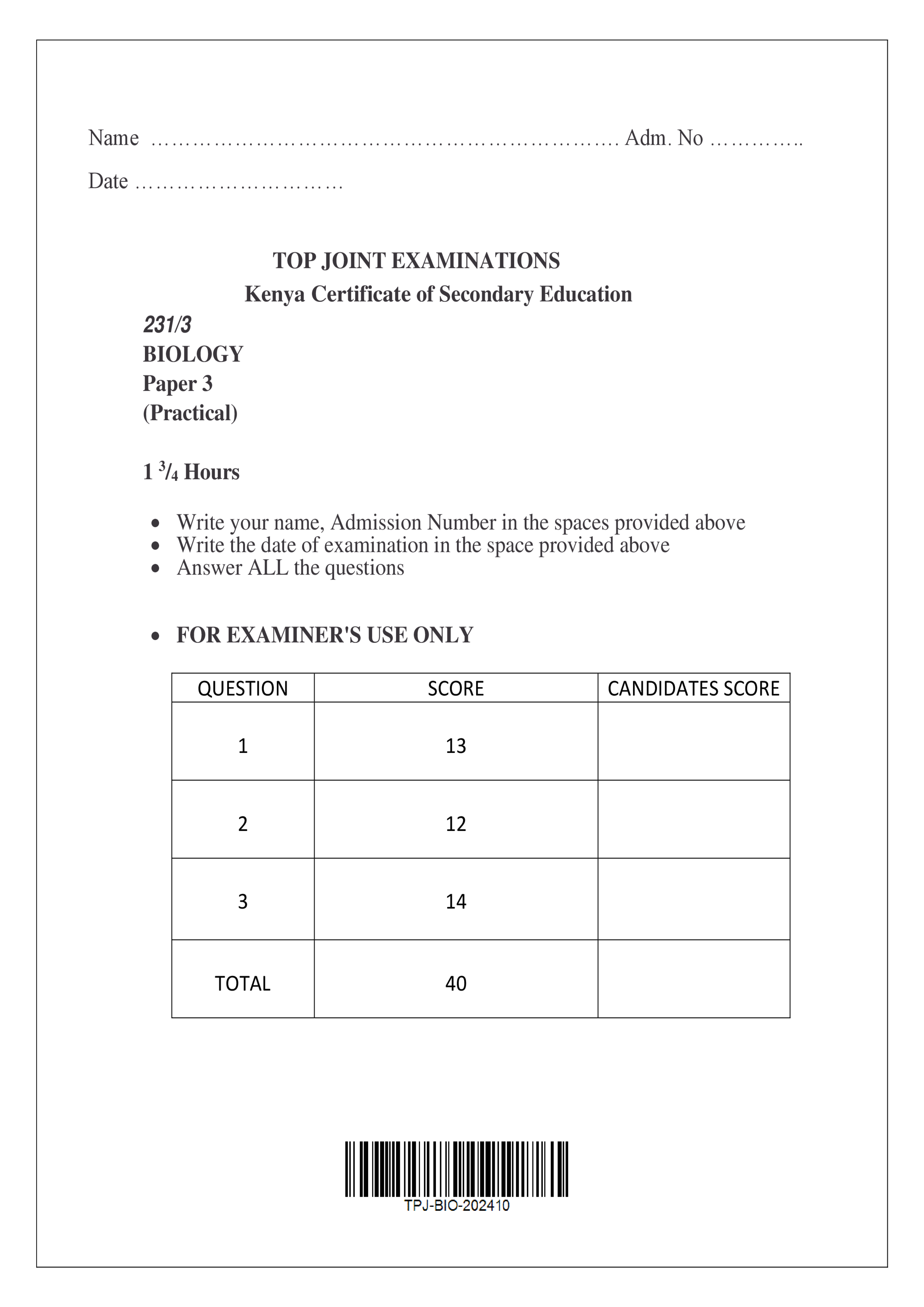 BIOLOGY FORM 4 PAPER 3 END TERM 3 2024