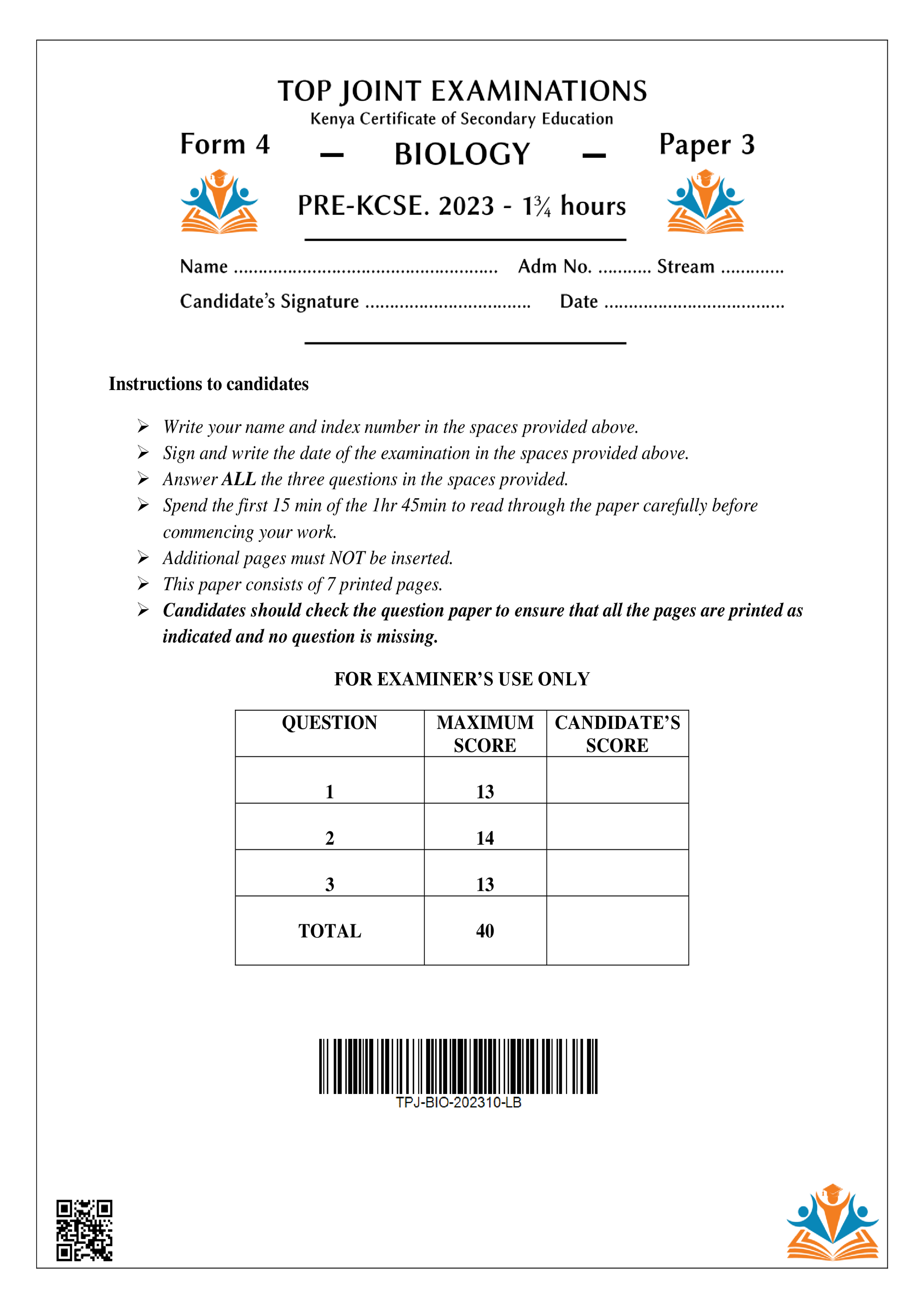 BIOLOGY FORM 4 PAPER 3 PRE-KCSE 2023