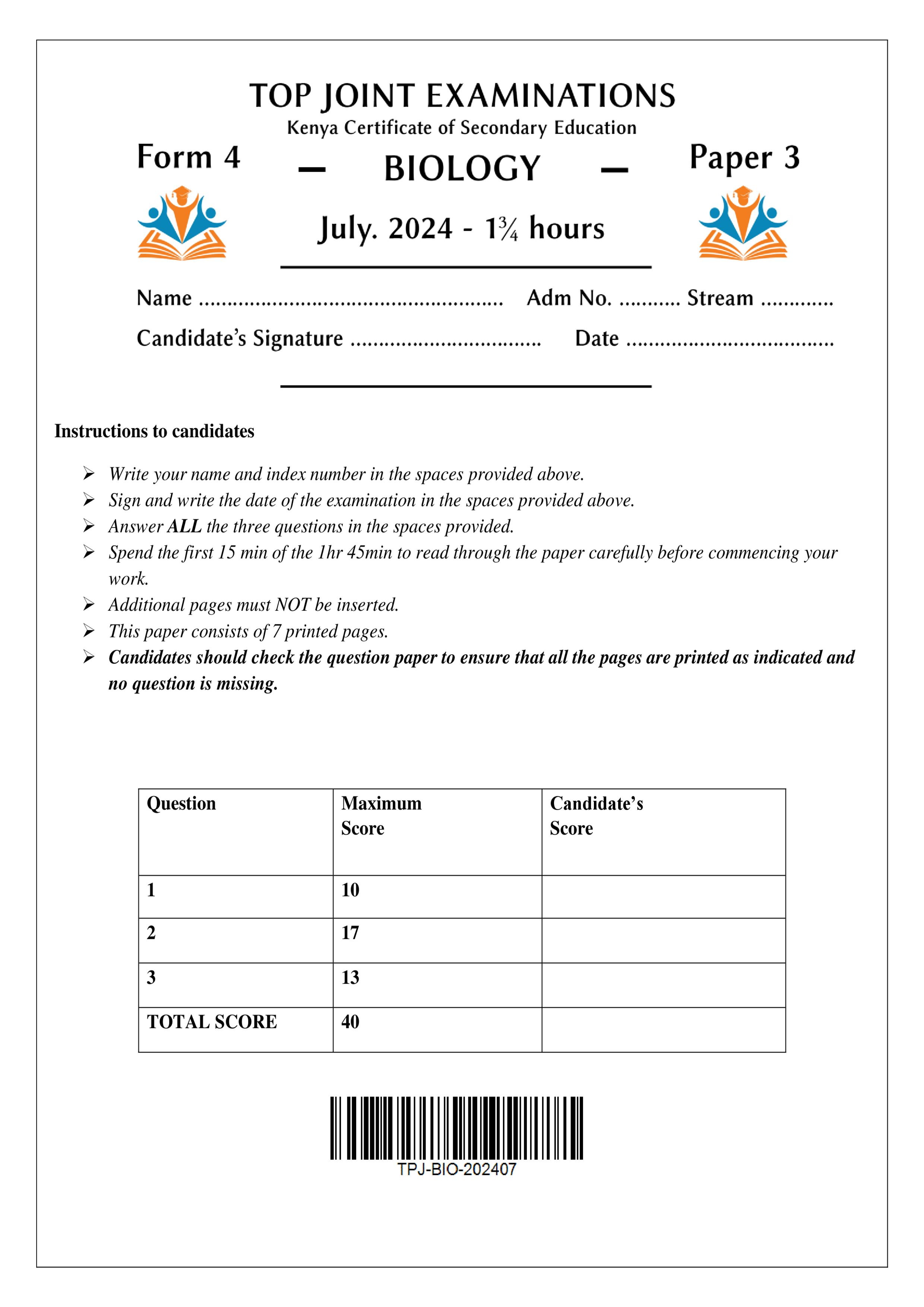 BIOLOGY FORM 4 PAPER 3 KCSE MOCK 2024