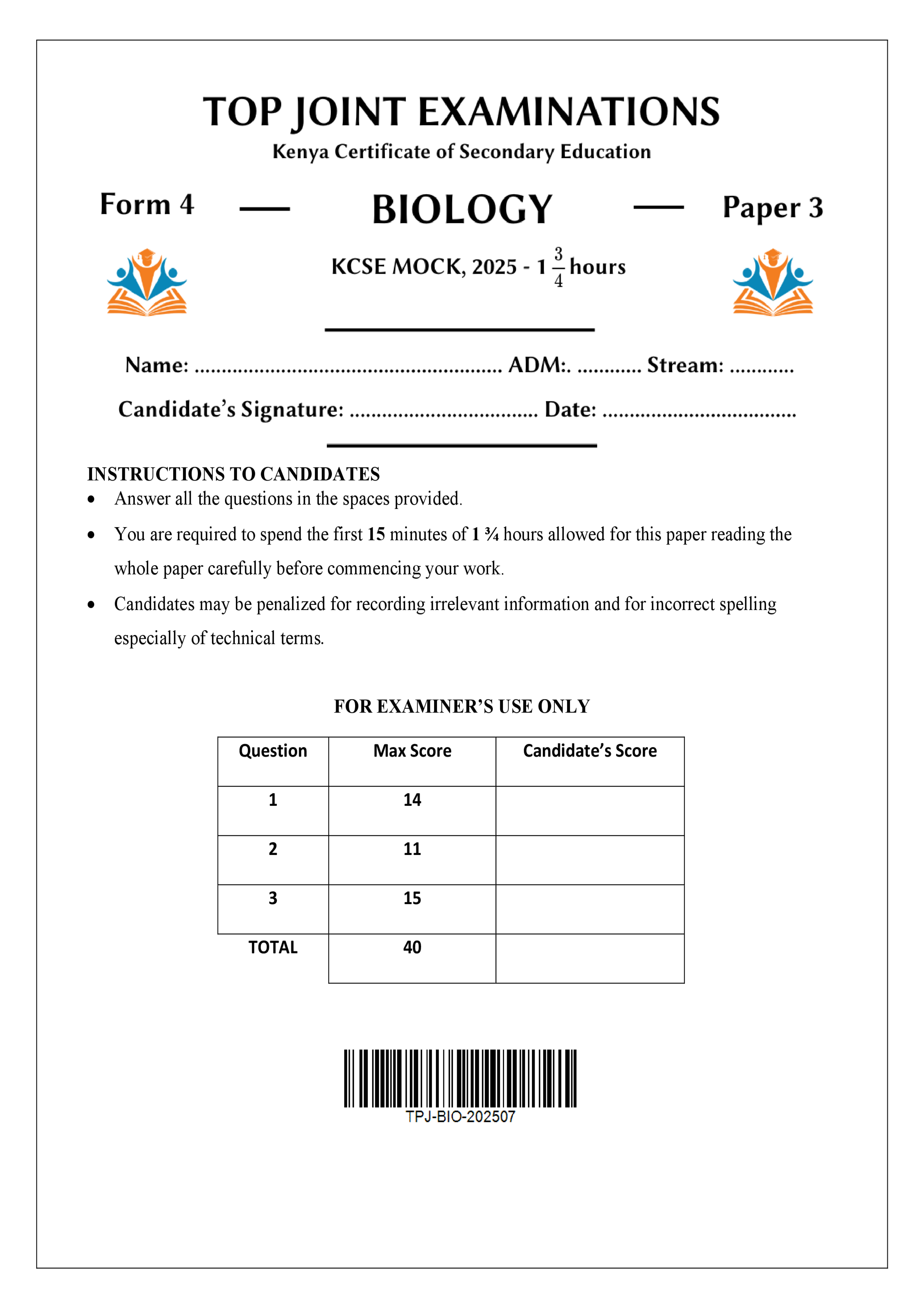 BIOLOGY FORM 4 PAPER 3 MOCK 2025