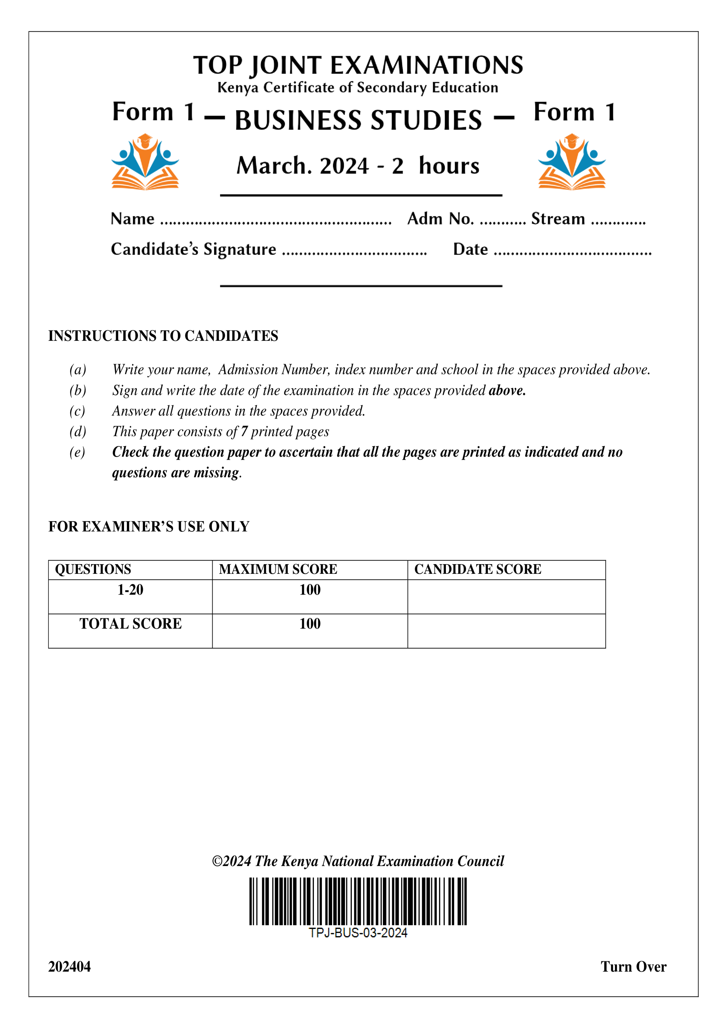 BUSINESS STUDIES FORM 1 END TERM 1 2024