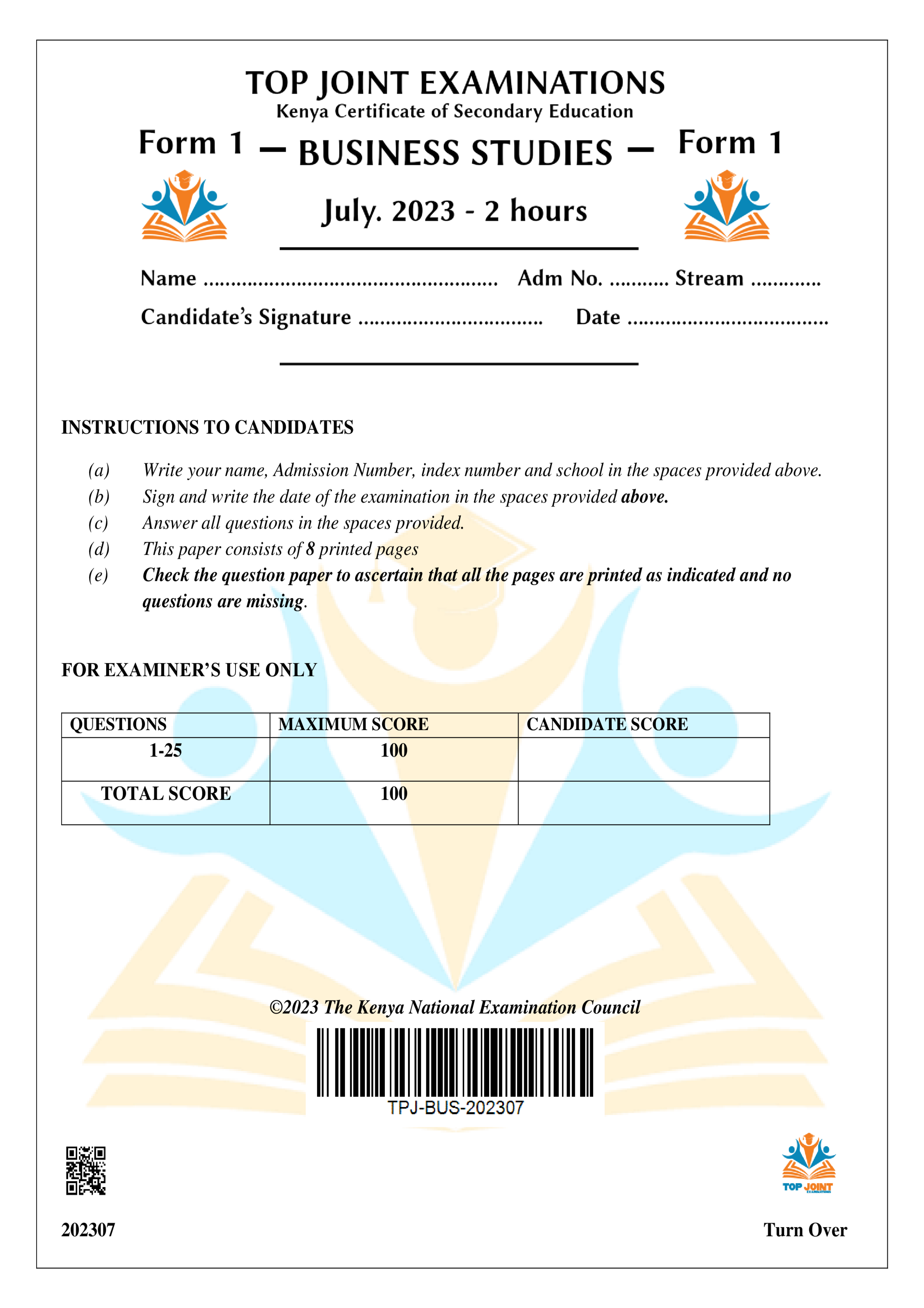 BUSINESS STUDIES FORM 1 END TERM 2 2023
