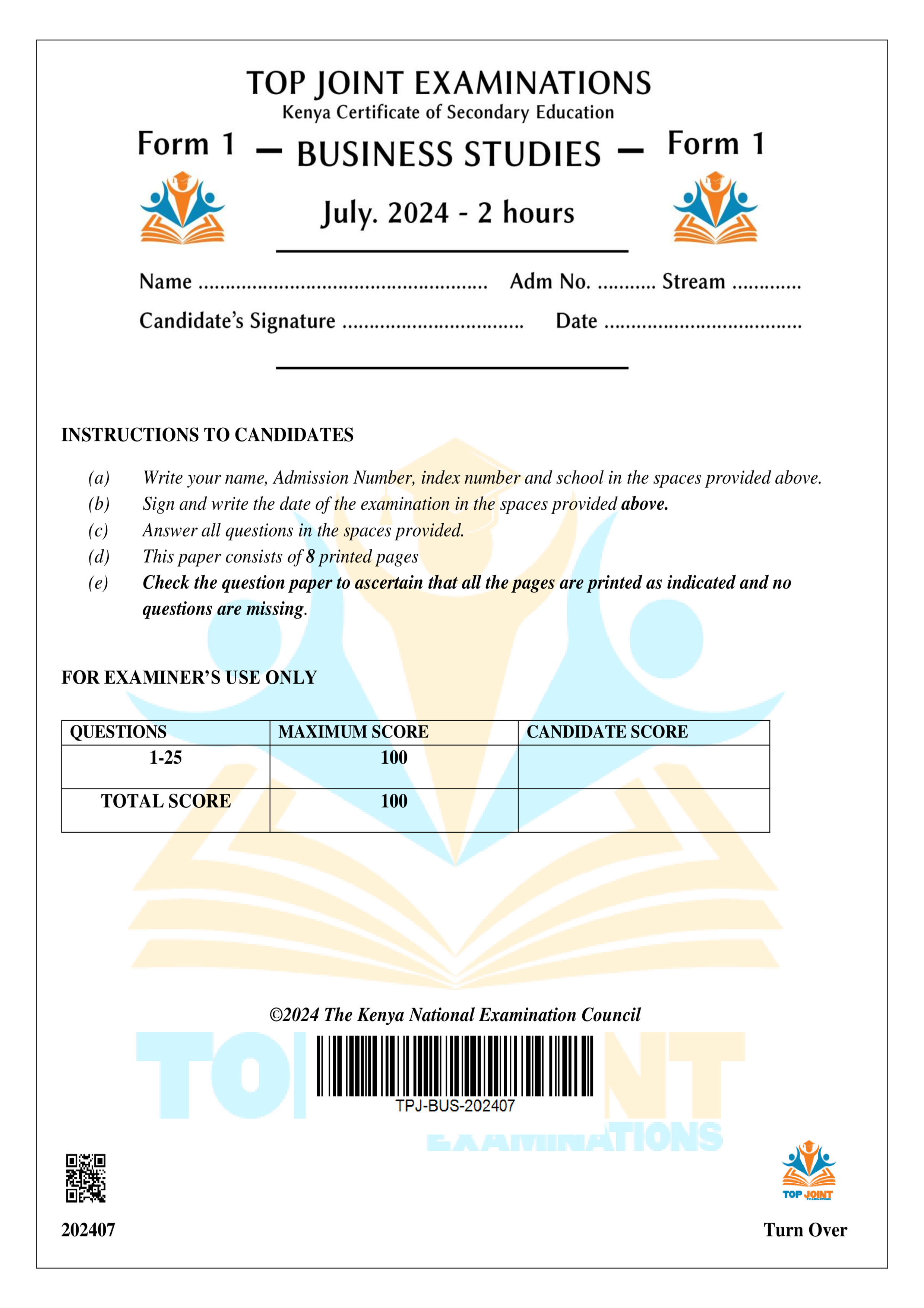 BUSINESS STUDIES FORM 1 END TERM 2 2024