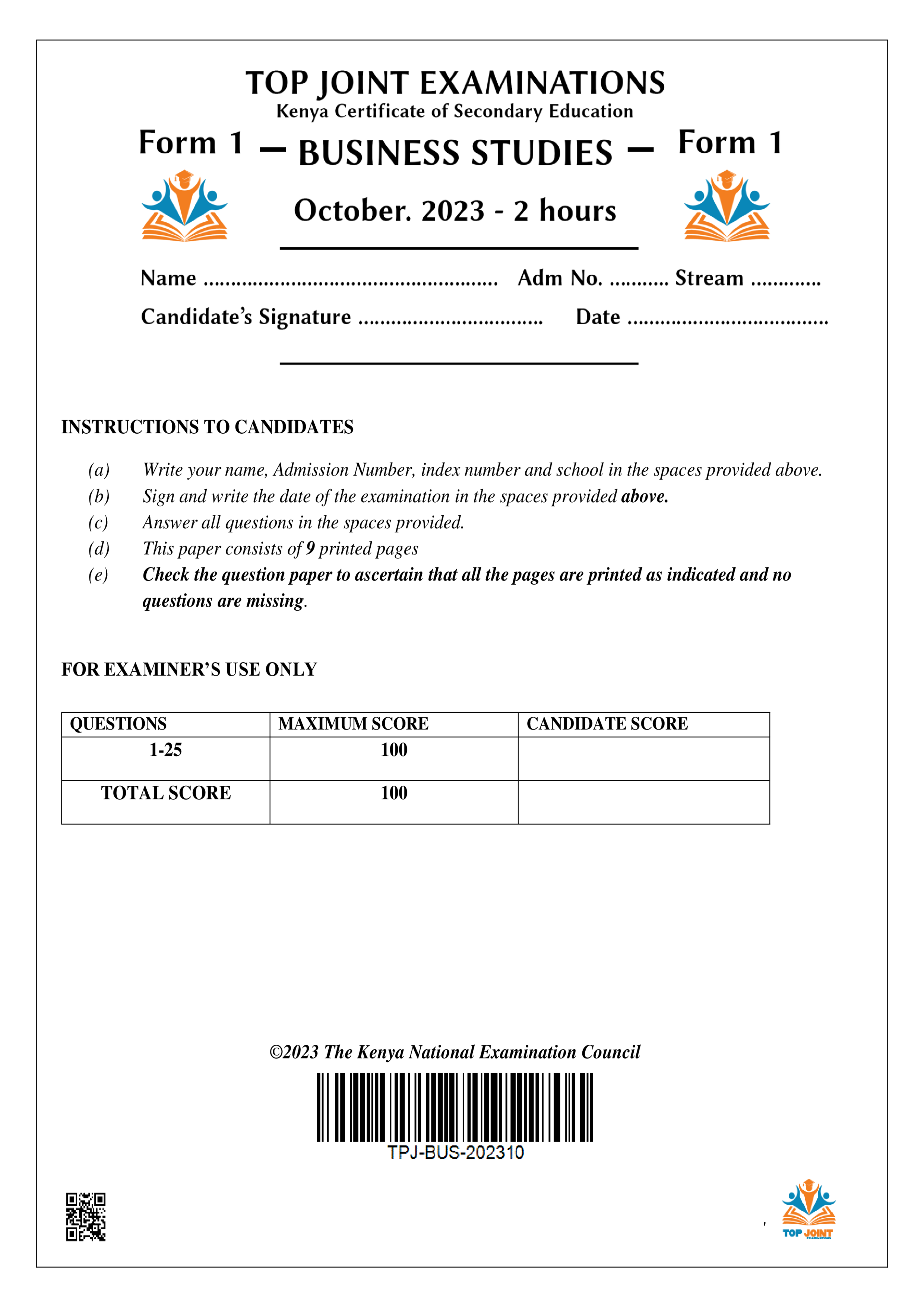 BUSINESS STUDIES FORM 1 END TERM 3 2023
