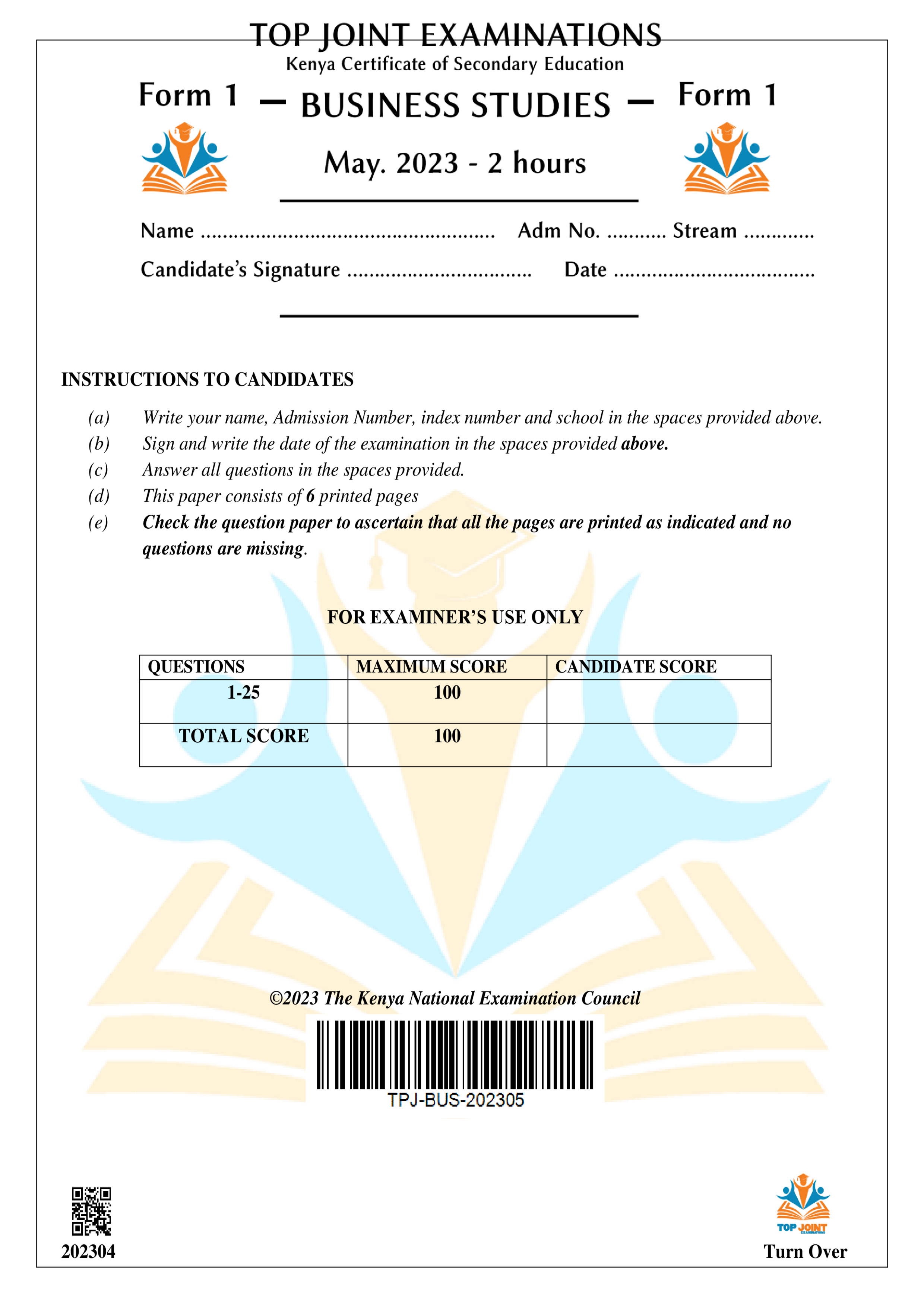 BUSINESS STUDIES FORM 1 OPENER TERM 2 2023