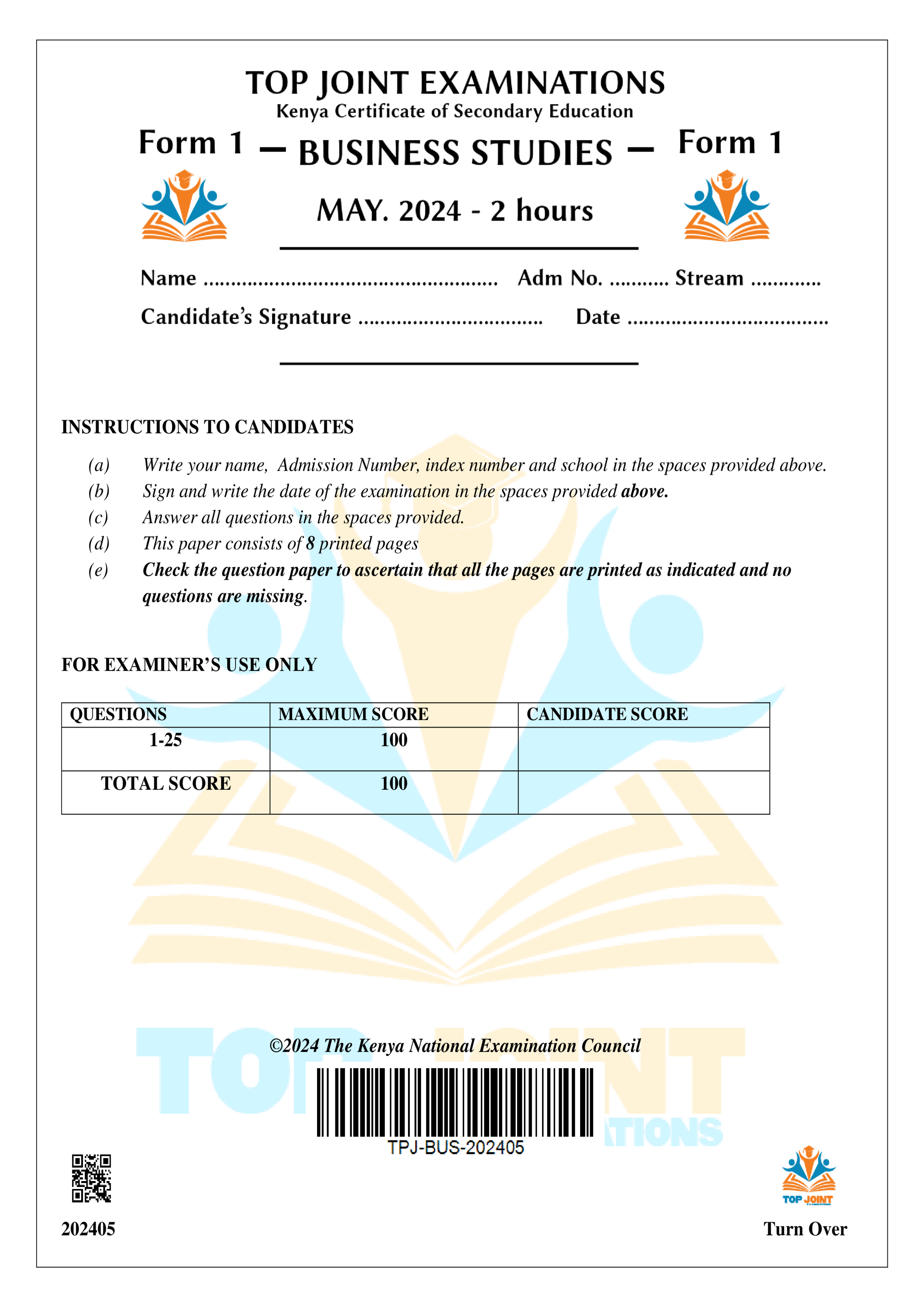 BUSINESS STUDIES FORM 1 OPENER TERM 2 2024