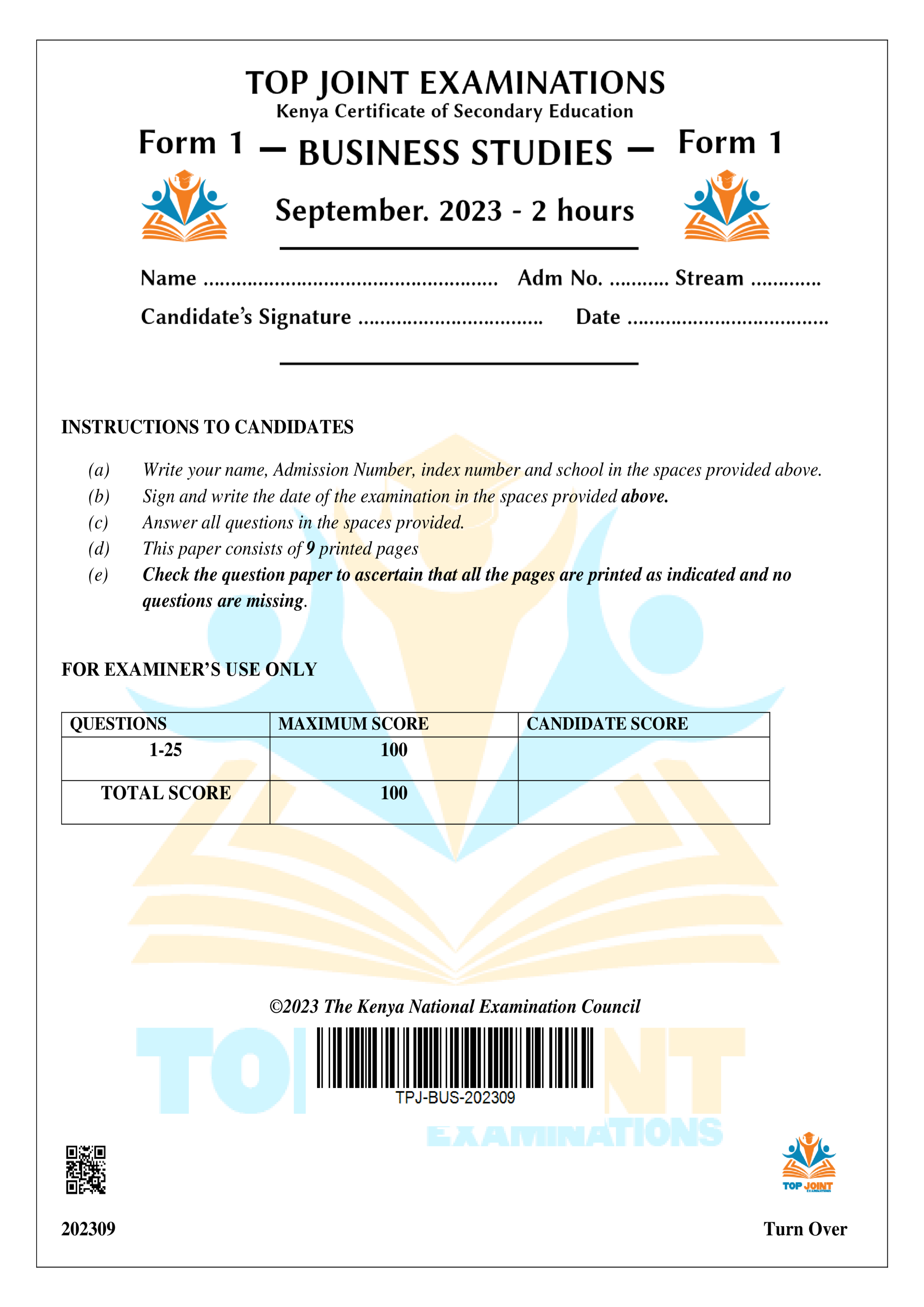BUSINESS STUDIES FORM 1 OPENER TERM 3 2023