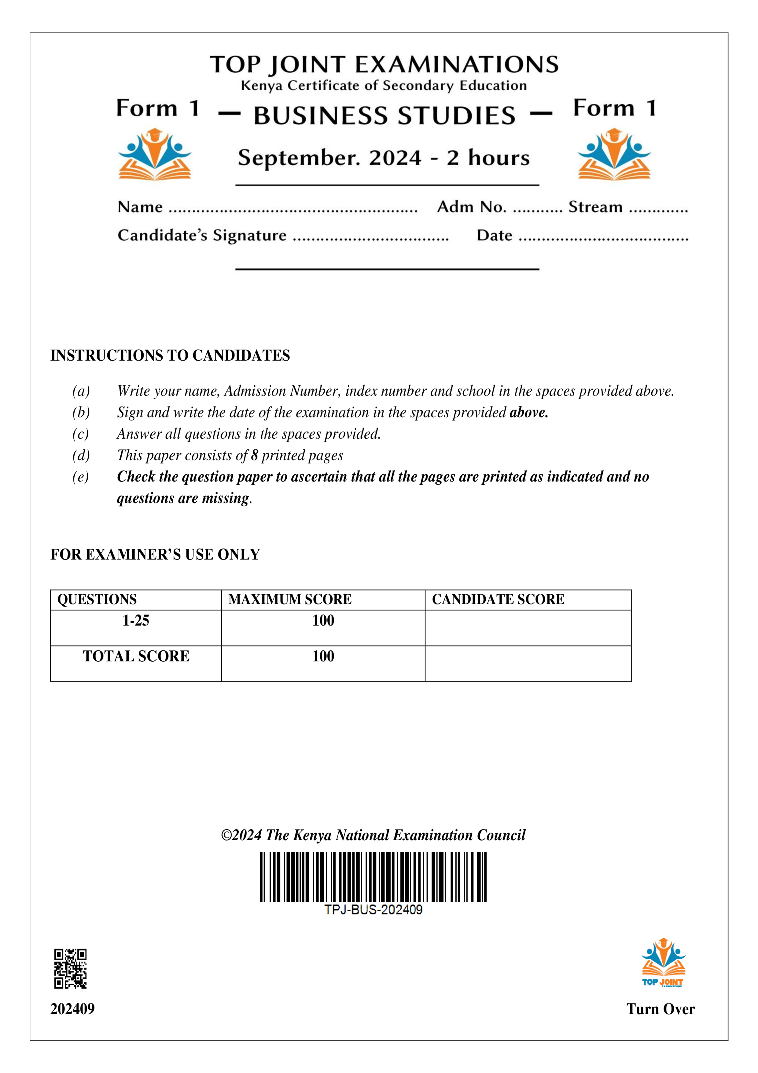 BUSINESS STUDIES FORM 1 SERIES 1 TERM 3 2024