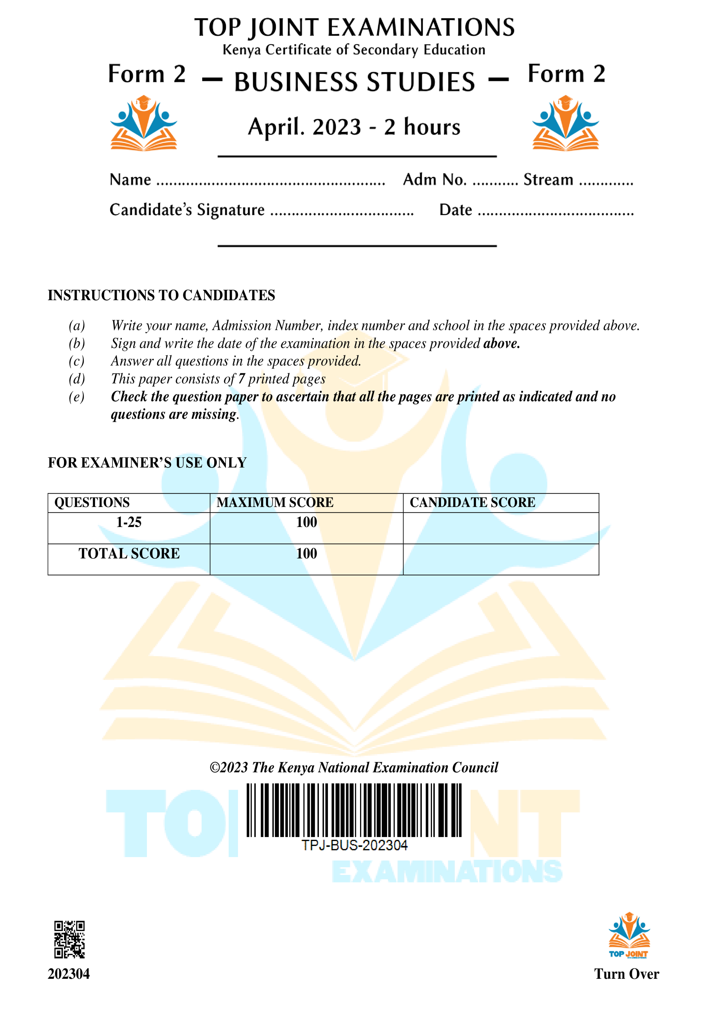 BUSINESS STUDIES FORM 2 END TERM 1 2023