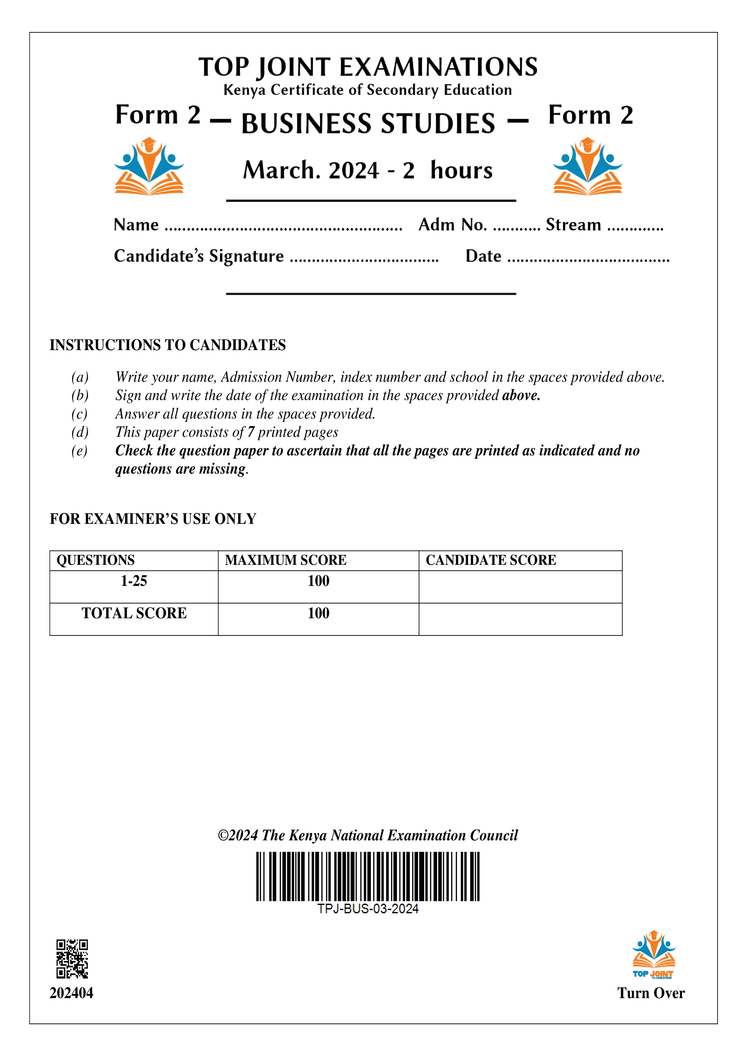 BUSINESS STUDIES FORM 2 END TERM 1 2024