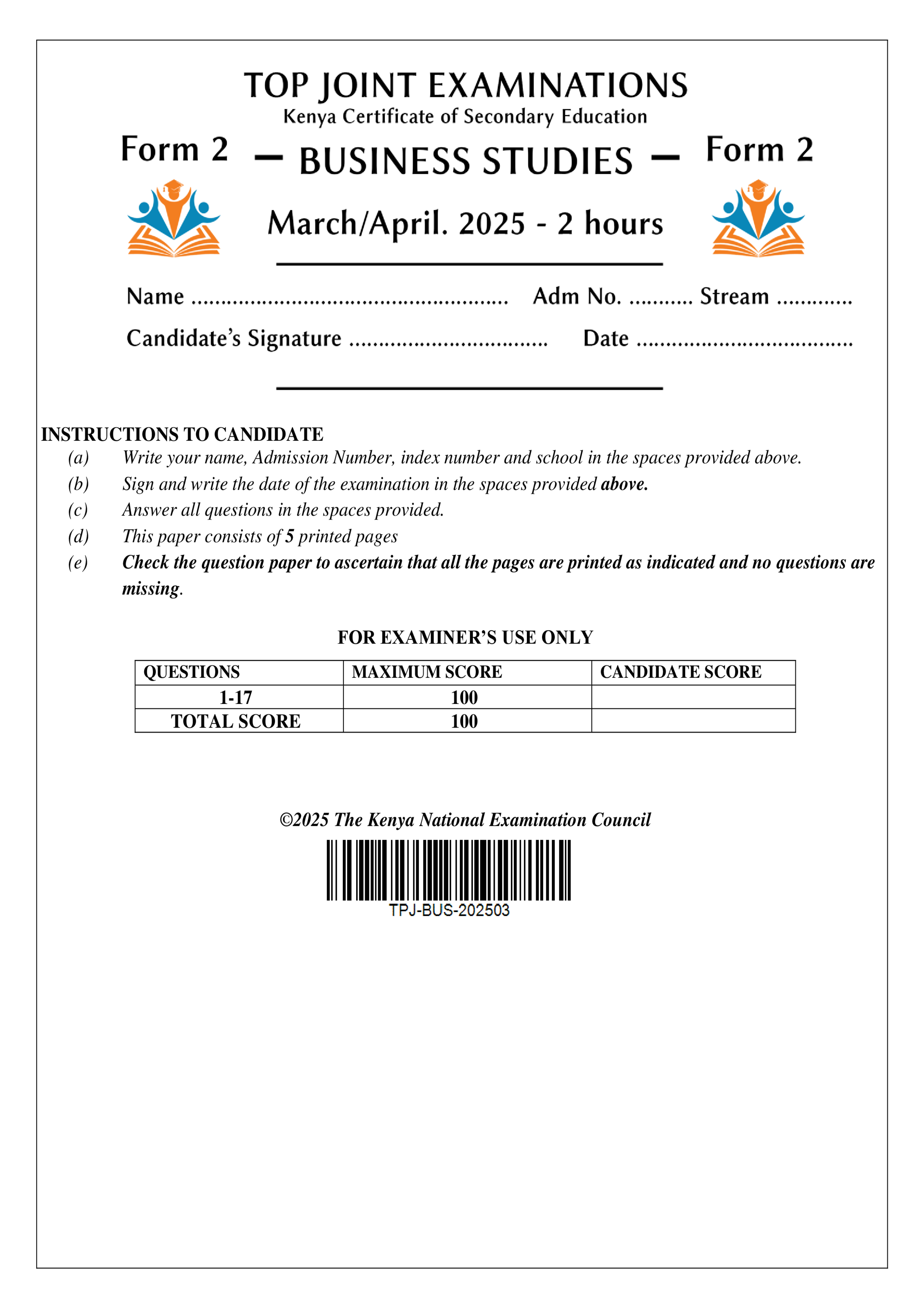 BUSINESS STUDIES FORM 2 END TERM 1 2025